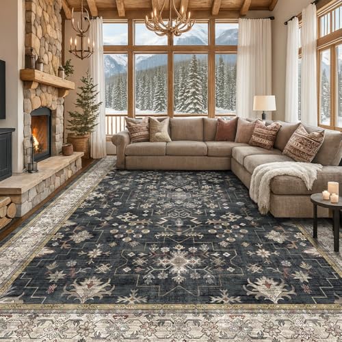 Black Boho Rug for Living Room 9x12 - Washable Dining