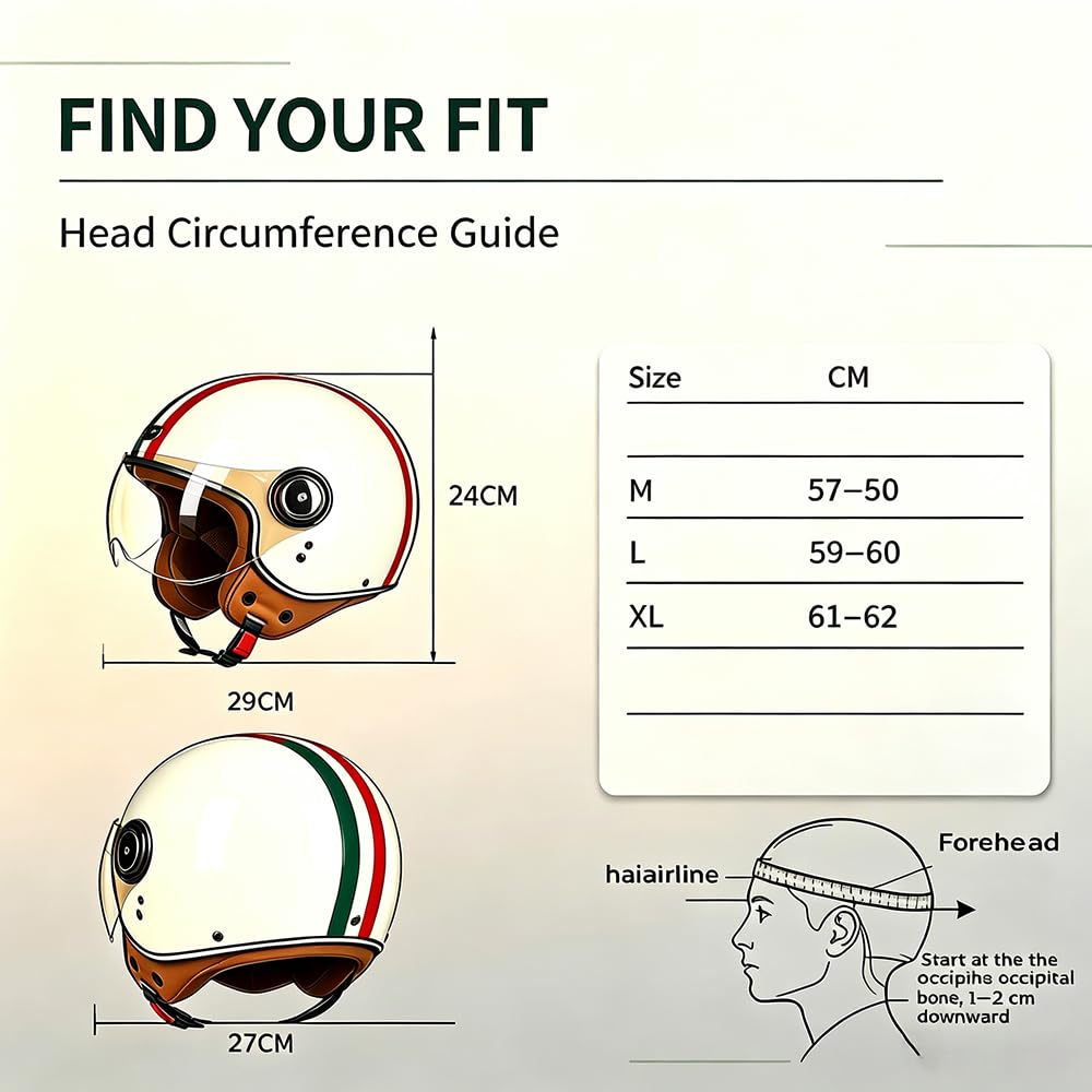 Caschi da Moto per Adulti con Visiera, Certificato ECE Copricapo Casco Aperto, Soddisfare la Sicurezza Stradale, Vintage Casco Jet, per Cruiser Scooter Touring (57~62CM)