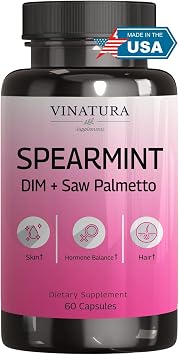 VINATURA Spearmint Capsules Supplement - Spearmint Leaf Extract Enhanced with DIM & Saw Palmetto, for Unwanted Hair, Women Health & Skin, USA Made & Tested, 60 Capsules