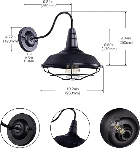 Miniatura 4 de Lámpara de pared industrial retro de cuello de cisne, lámpara de granero con pantalla de jaula de metal negro, aplique de pared para interiores y