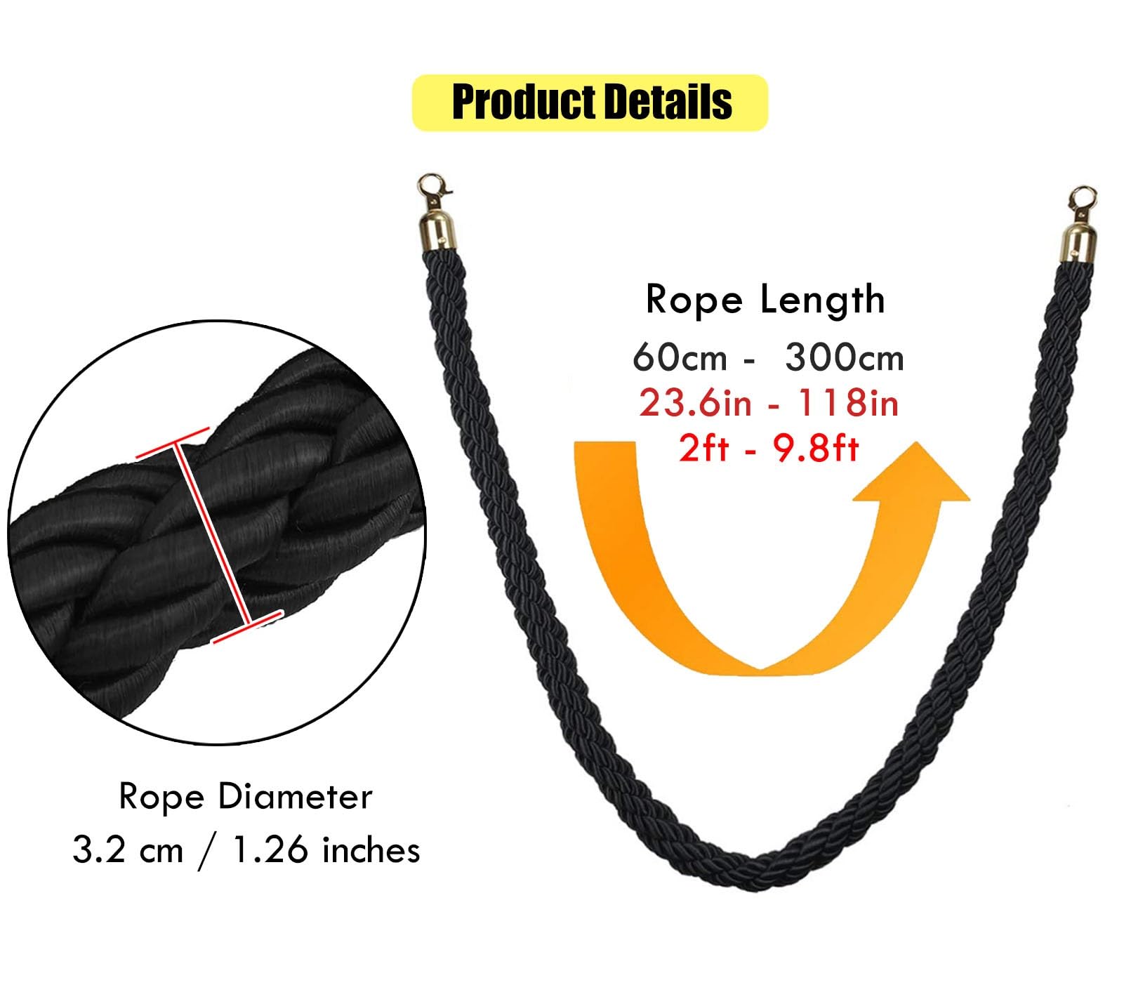 Bed Queue Stanch Corda con gancio argento Diametro 3,2 cm Lunghezza personalizzabile Fibra di poliestere elastica Ideale per il controllo della folla s.