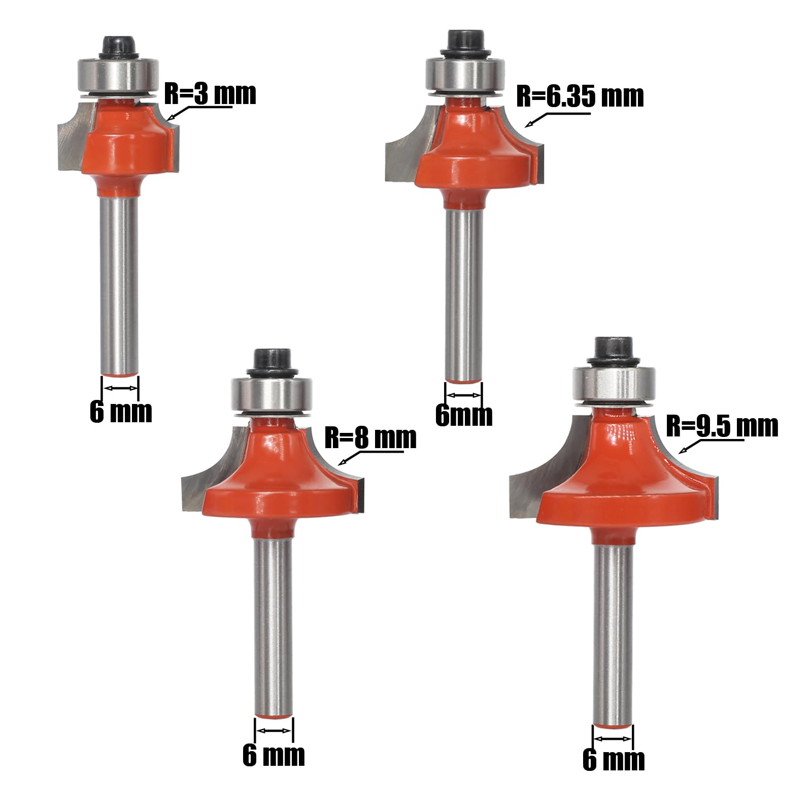 Juego de 4 Fresas para Fresadora Redondas con Varilla de 6 mm, Radios de Puntas 3, 6,35, 8, 9,5 mm, Fresas con Bordes Redondos con Rodamiento de Bolas para Madera