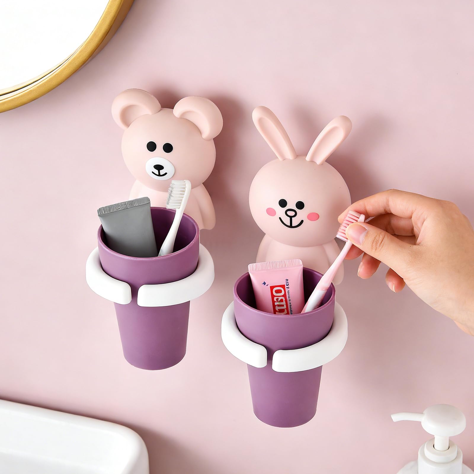 2 Stück Zahnbürstenhalter für Kinder, Zahnputzbecher Kinder ohne Bohren, Cartoon Zahnbecherhalter Wandmontierter, Niedliche Tier-geformte Zahnbürstenhalter Selbstklebend Wasserdicht (rosa)