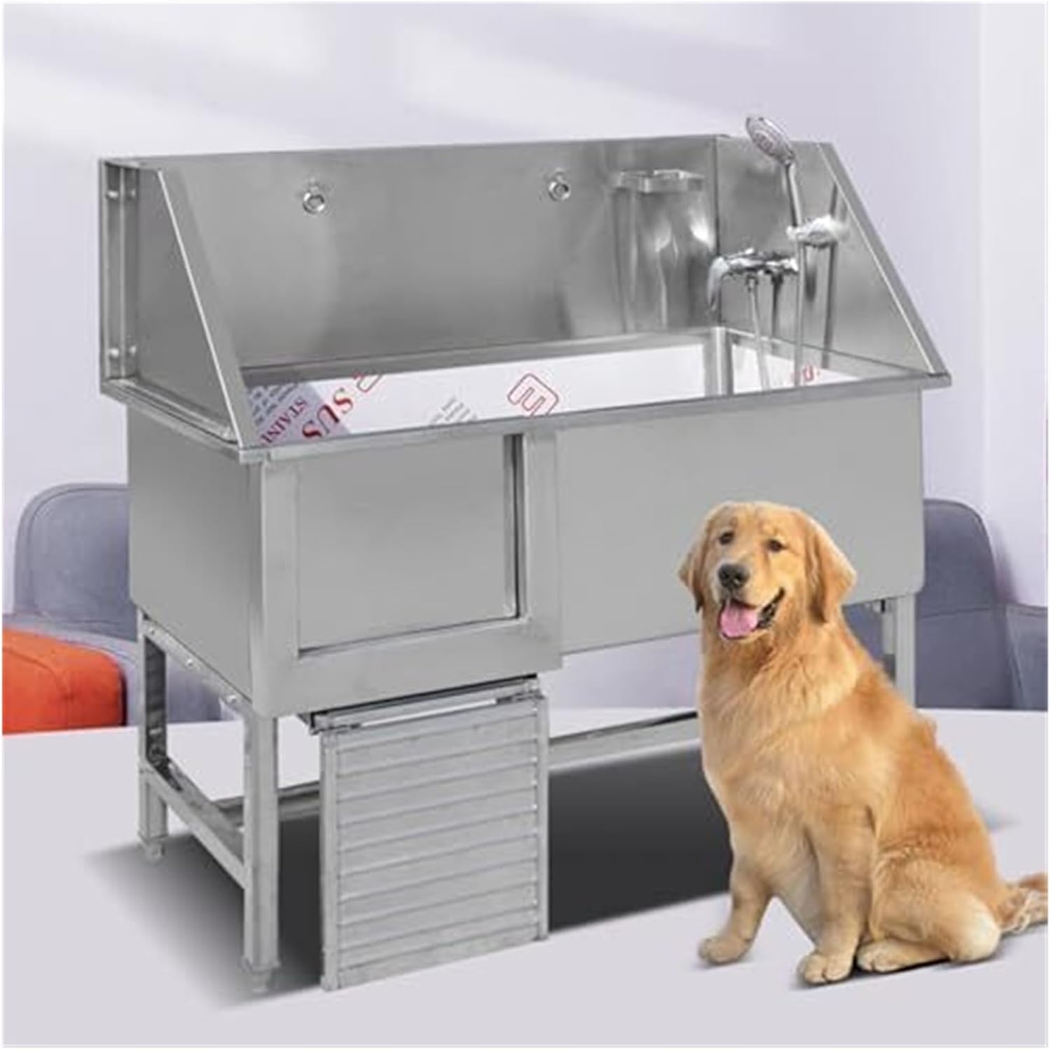 Foldable Dog Bathtub,Pet Washing Station, Pool,Professional Stainless Steel Grooming Bath Tub, Sliding Door