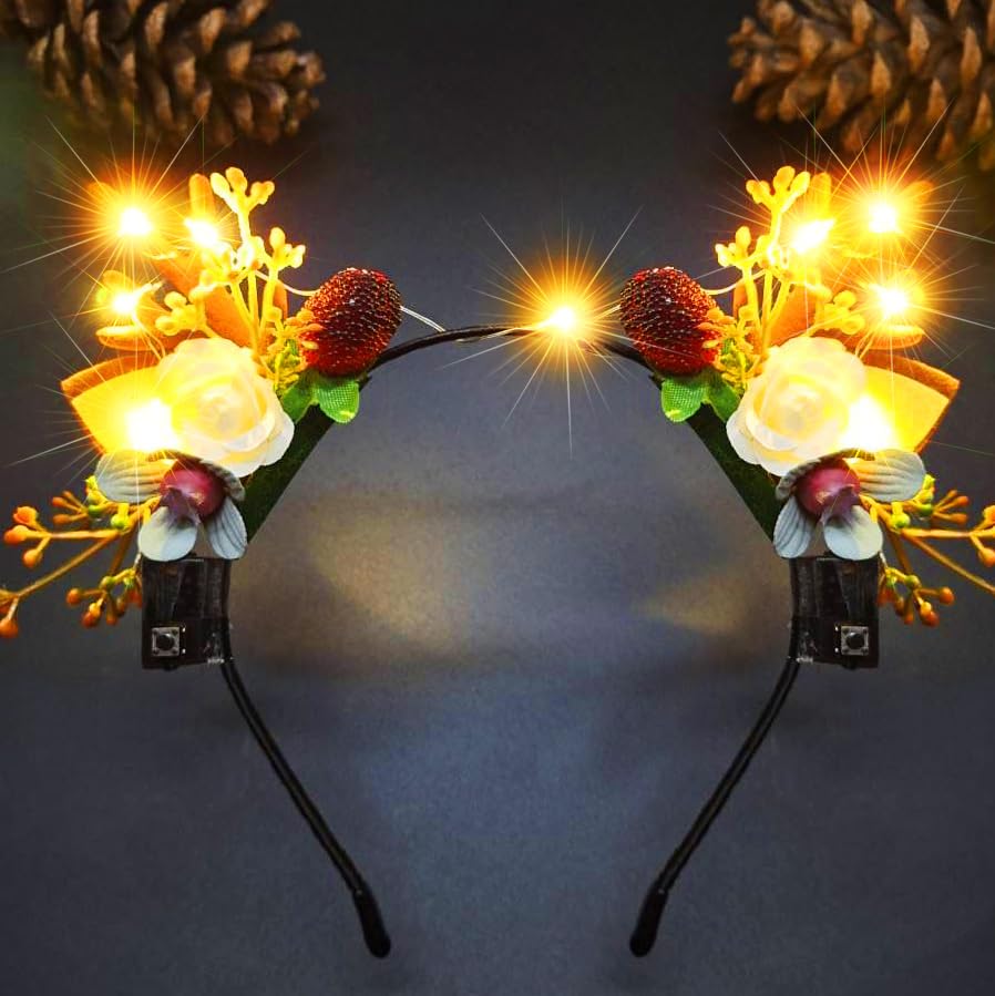 Fashband Diademas de Navidad iluminadas para el cabello, cuernos de reno, flores, accesorios para el cabello, fiesta de Navidad para mujeres y niñas (cálido)