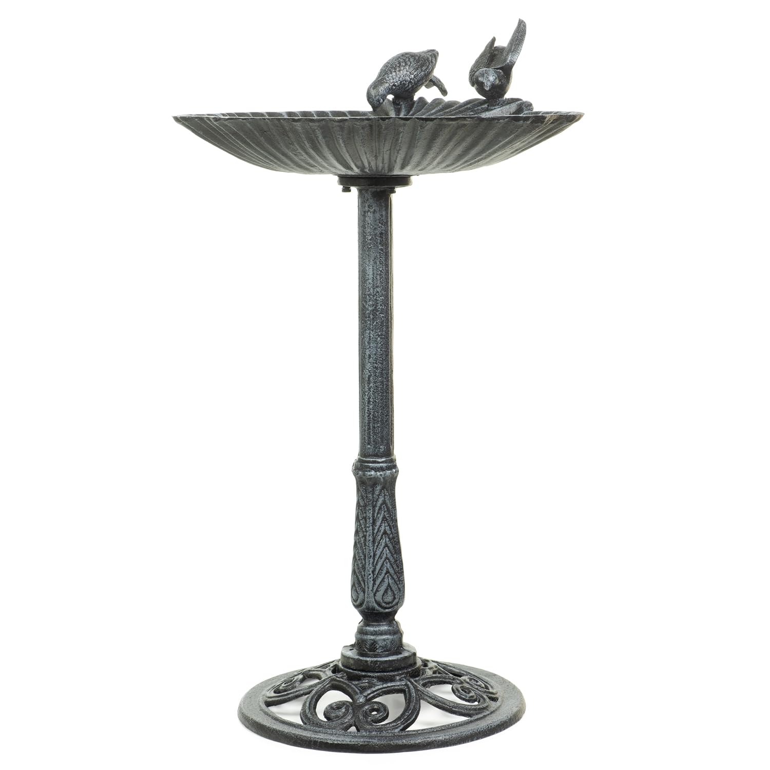 Moritz Bebedero para pájaros de 78 cm de alto, hierro fundido, verde macizo, para jardín, baño para pájaros con soporte, diseño antiguo