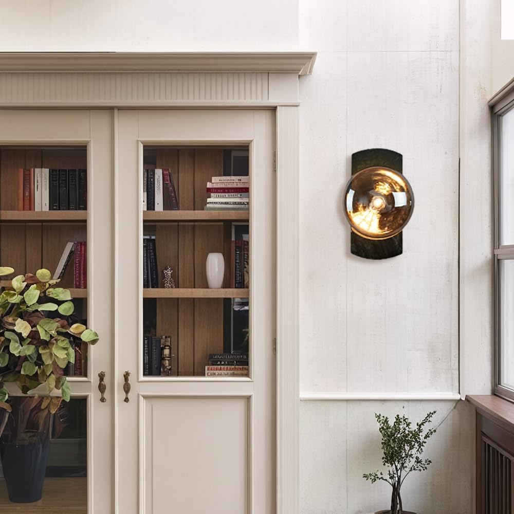 10.9 Inch Green Organic Marble Wall Sconce, Modern Wall Light with Silver Gray Clear Glass, Sturdy Hand-Made Marble Sconce, Elegant Light Fixtures for Indoor