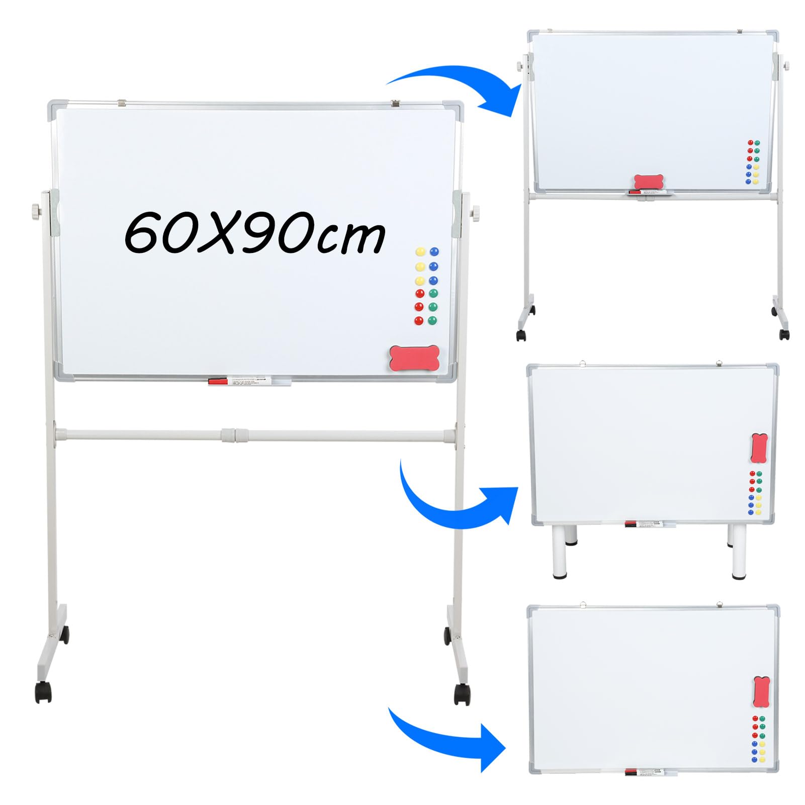 Tableau Blanc Effaçable sur Pied 126 x 90 cm, Grand Tableau Magnétique Double Face avec Marqueurs et Accessoires, Paperboard Aluminium pour Bureau, Maison ou École (60x90cm)