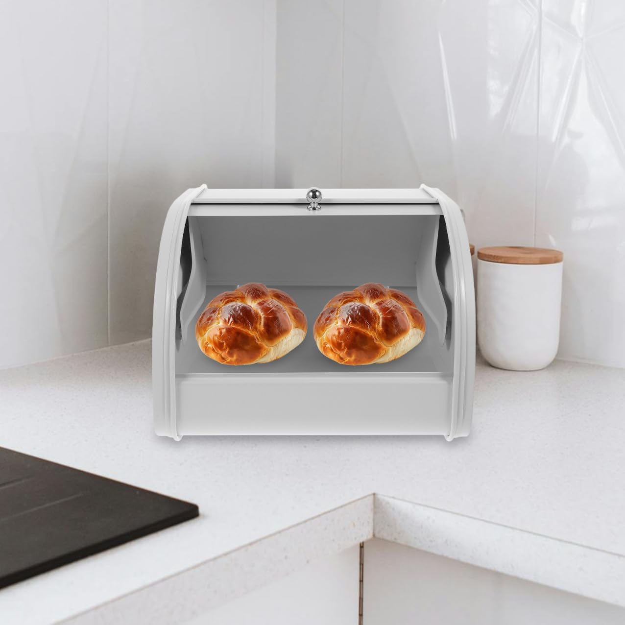 VILLCASE Farmhouse Style Bread Box for Countertop Small Milk White Metal Bread Bin with Rounded Edges Loaf Holder for Kitchen Bakery Coffee Shop Storage