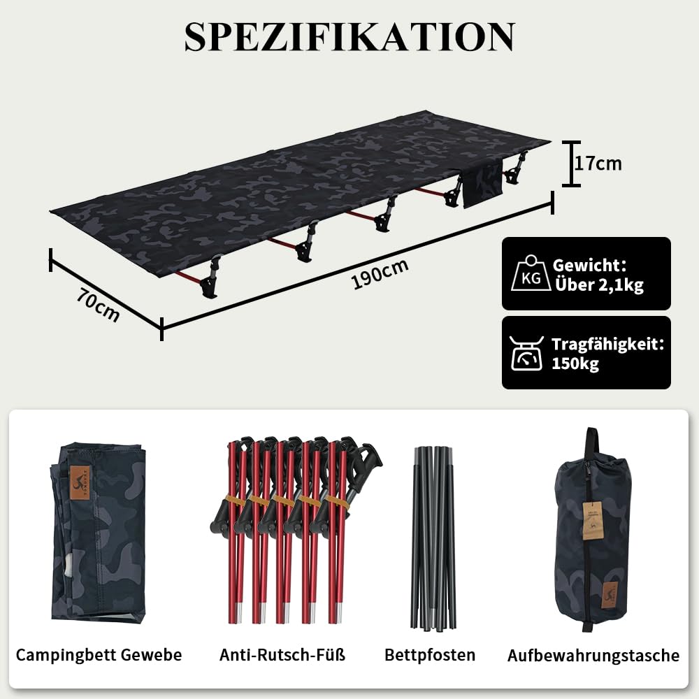 TOMOUNT Feldbett Ultraleichtes 190x70cm Camp Klappbett aus Aluminium Kompaktes Campingliege einfach zu Bauen belastbare Campingbett für Zelten, Outdoor Wanderung, Reisen, Strand - Tarnschwarz