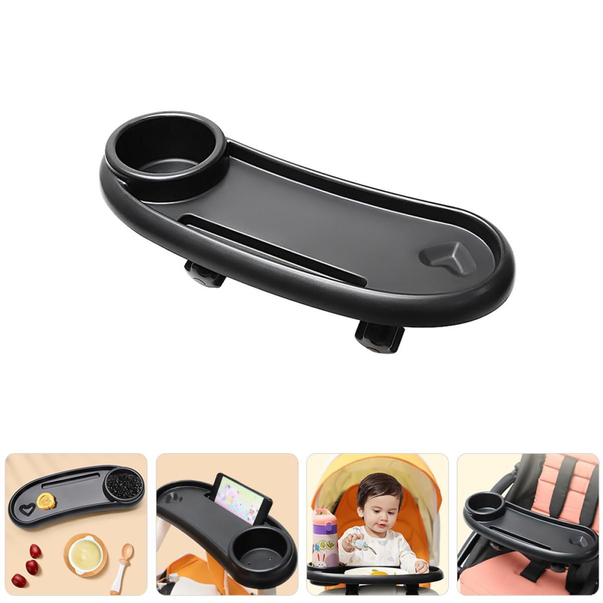 Plateau à Goûter Amovible pour Poussette Bébé, Porte-gobelet Intégré, Plastique Solide Noir, Accessoire Poussette Pratique pour Repas en Promenade, Installation Facile,