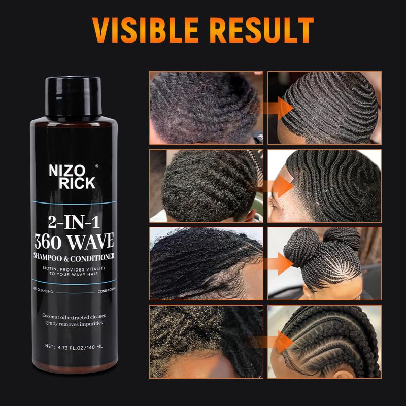 2-in-1 360 Wave Shampoo & Conditioner for Black Men – Biotin, Coconut Oil & Castor Oil – Deep Cleansing, Nourishing & Wave Defining – Improves Dryness & Frizz – 140ml/4.73fl.oz