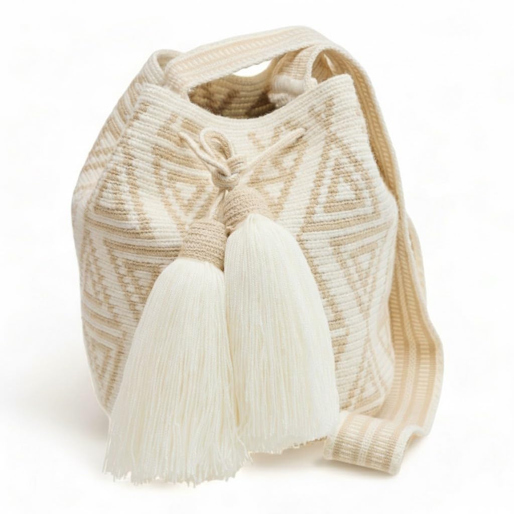 Wayuu Mochila-Tasche, groß, neutrale Farben, authentisches Häkelmuster, handgefertigtes Boho-Fairtrade-Geschenk aus Kolumbien, Mehrfarbig/Meereswellen (Ocean Tides), Large