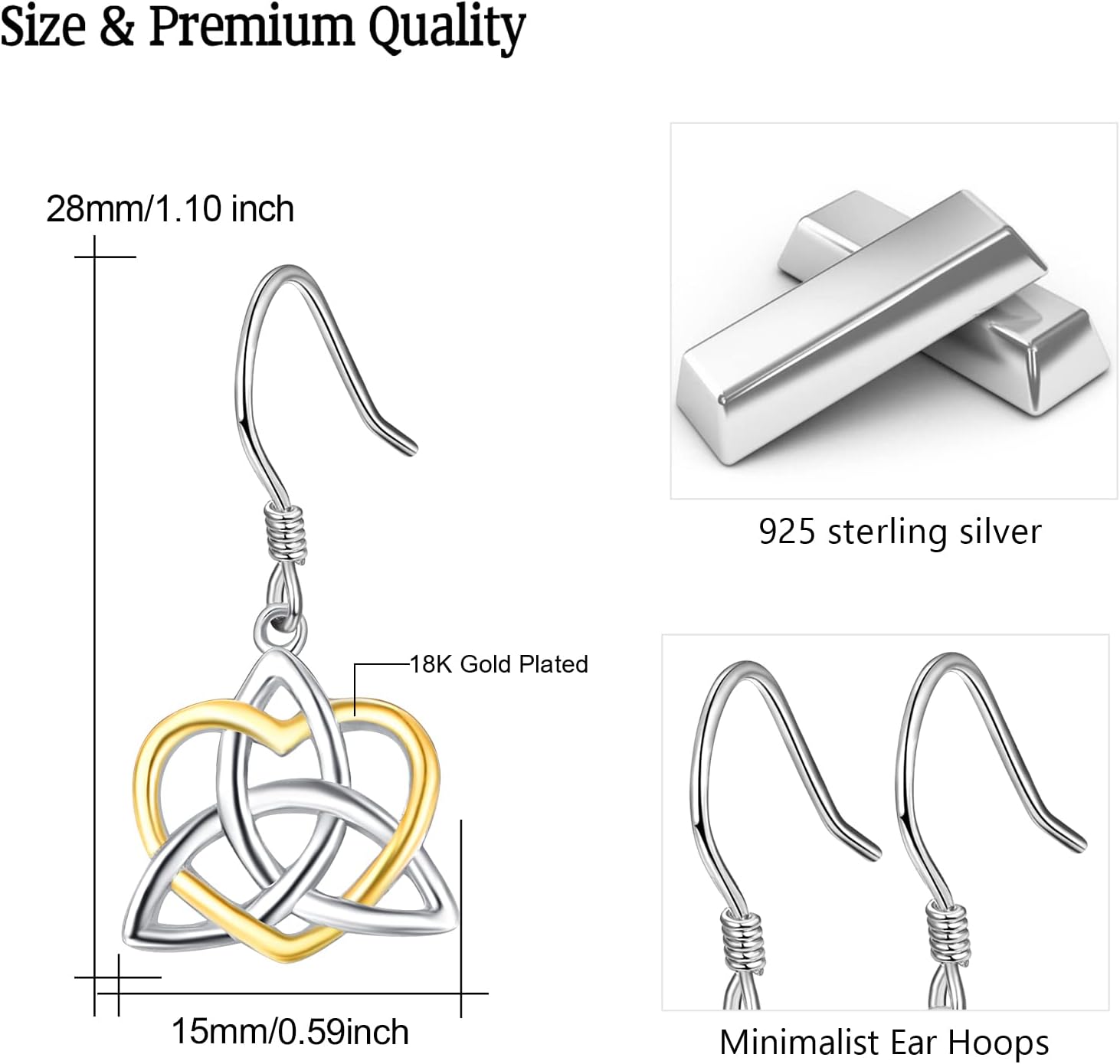 Celtic Knot Earrings,925 Sterling Silver Triangle Irish Celtic Knot Jewelry Heart Trinity Irish knot Earrings