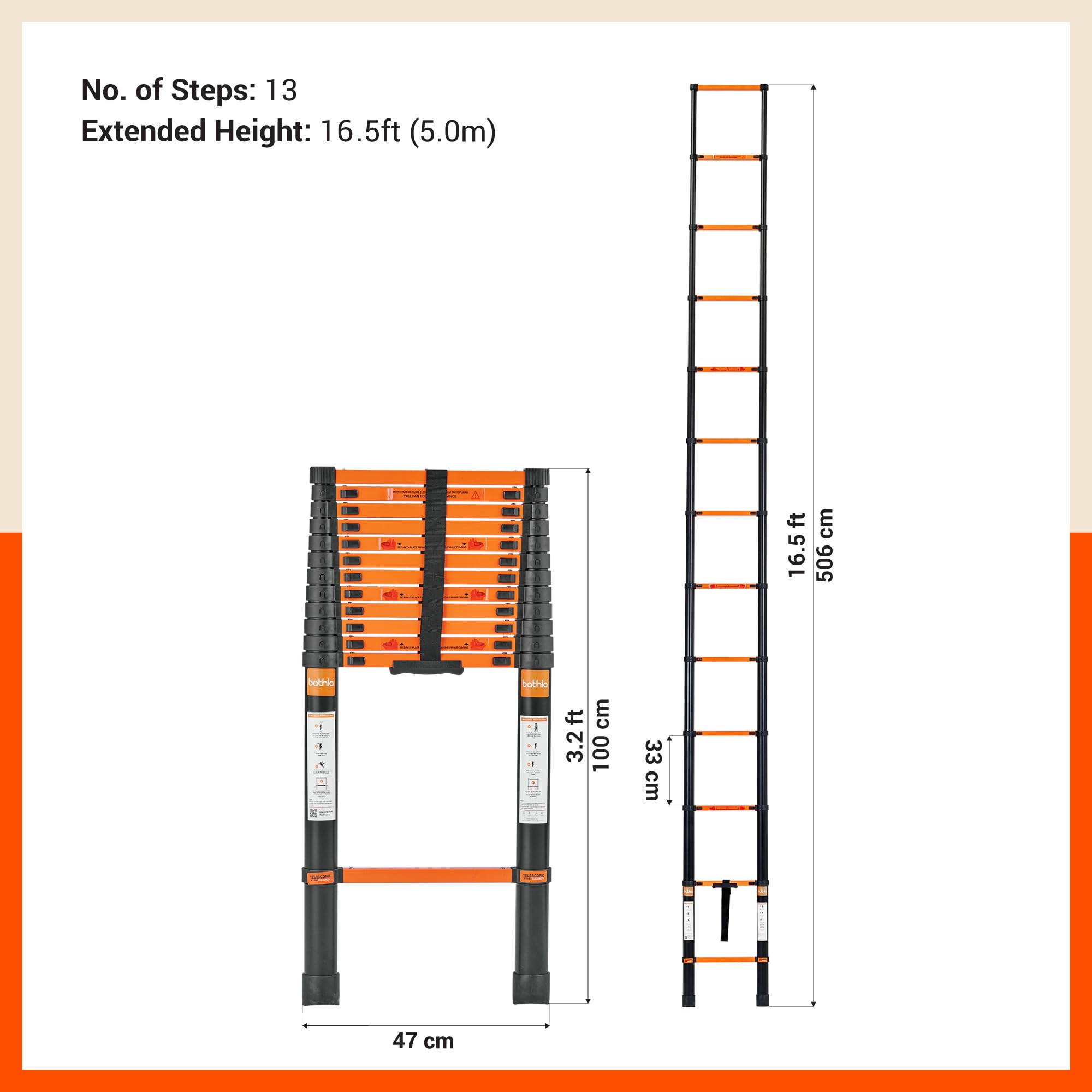 Bathla Carbon Steel Telescopic Ladder 16.5 ft (5m) - 13 Steps | Portable & Compact | Foldable Multipurpose Step Ladder for Home & Outdoor use — Amazon image 6