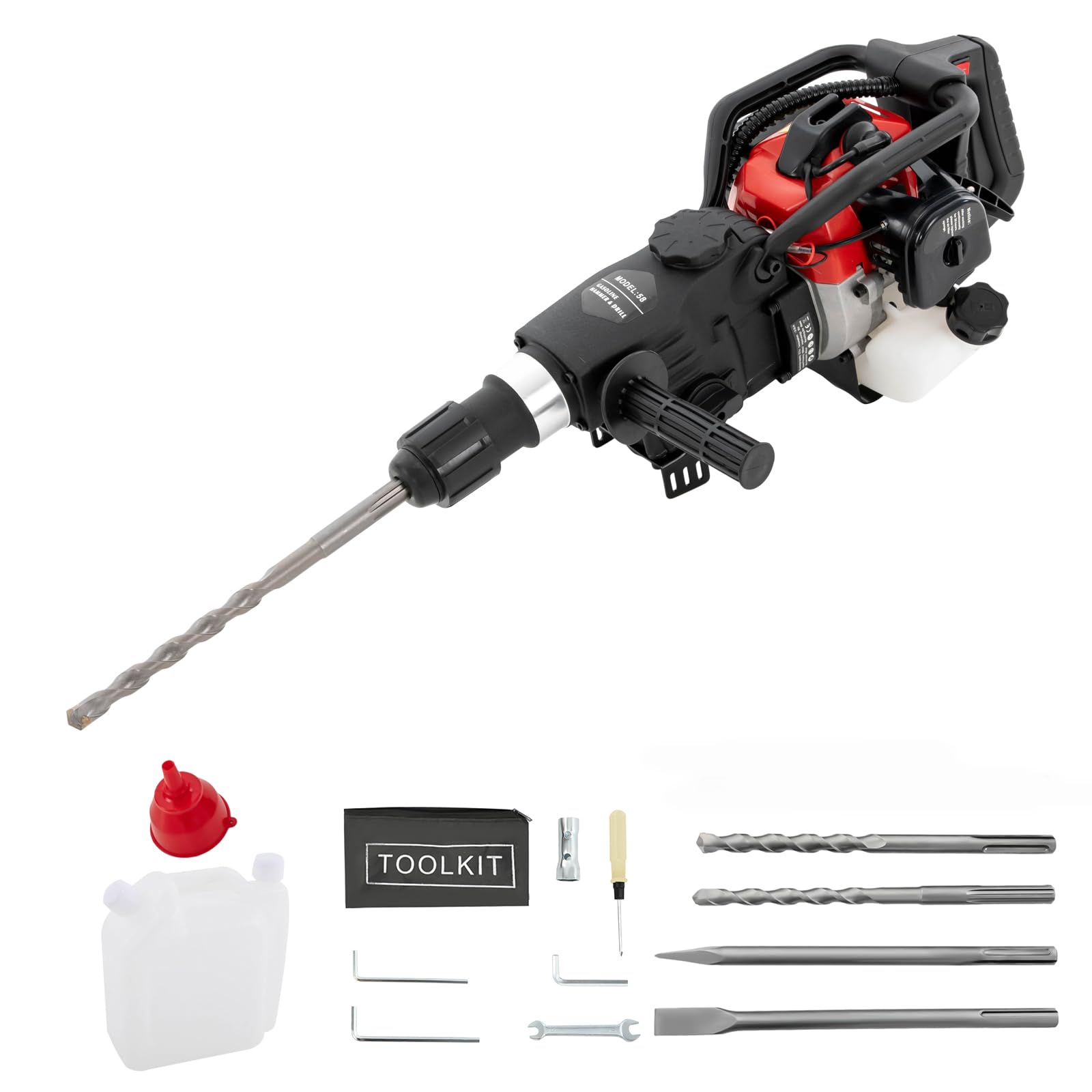 Benzynowy młot rozbiórkowy, 33 cm³, 2-suwowy, młot dłutowy, 1000 W, 30 J, młot udarowy, do betonu z dłutiem spiczastym, dłuto płaskie, 3 x wiertło i narzędzia