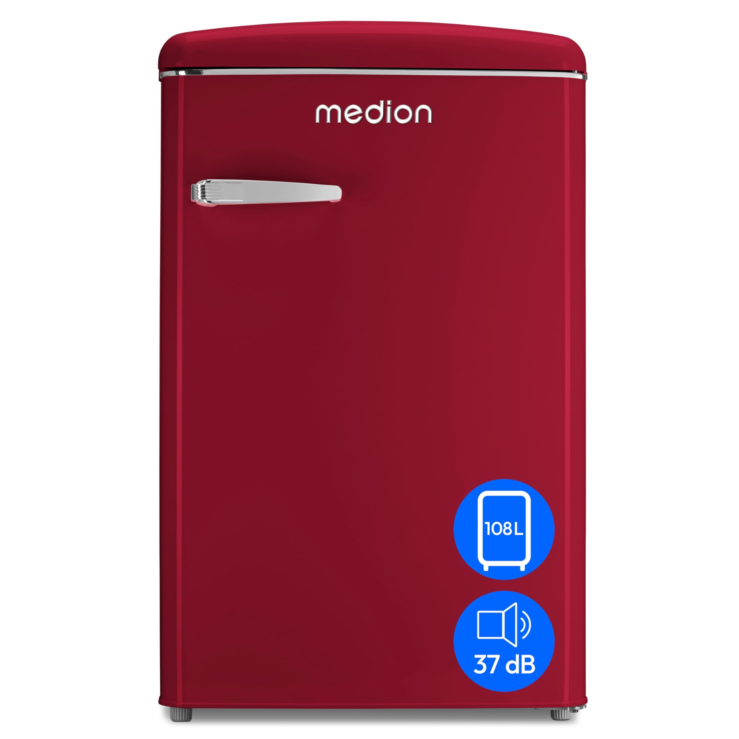 MEDION Retro Kühl-Gefrierkombination (95L Kühlschrank, 13L 4 Sterne Gefrierfach, 108 Liter Nutzinhalt, LED Innenbeleuchtung, Stufenlose Temperaturregelung, MD 37790) rot