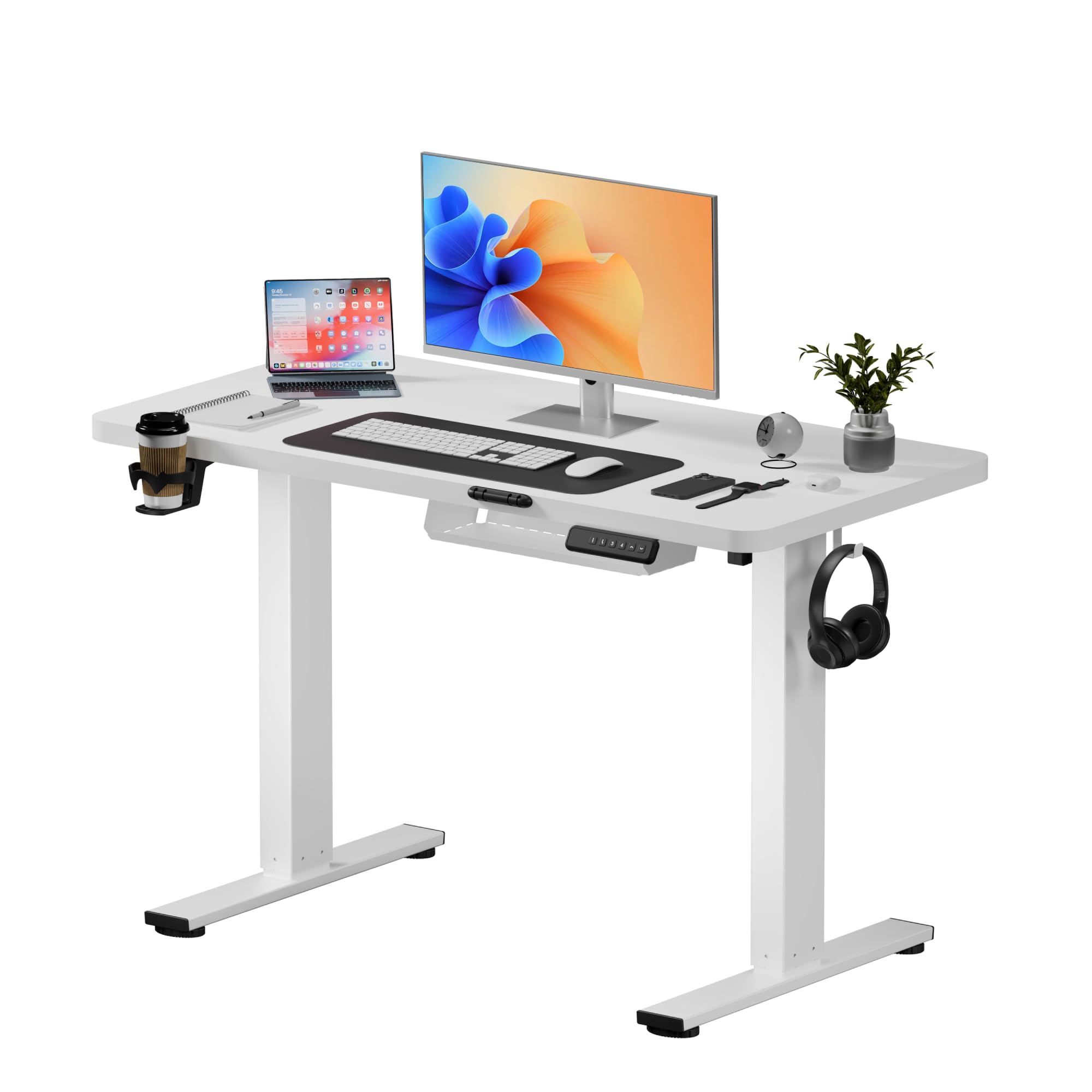 SANODESK Elektrischer Höhenverstellbarer Schreibtisch einfach mit Tischplatte, Memory Funktion und Haken, Schreibtisch Höhenverstellbar Elektrisch für Heimbüro, Homeoffice und Hause