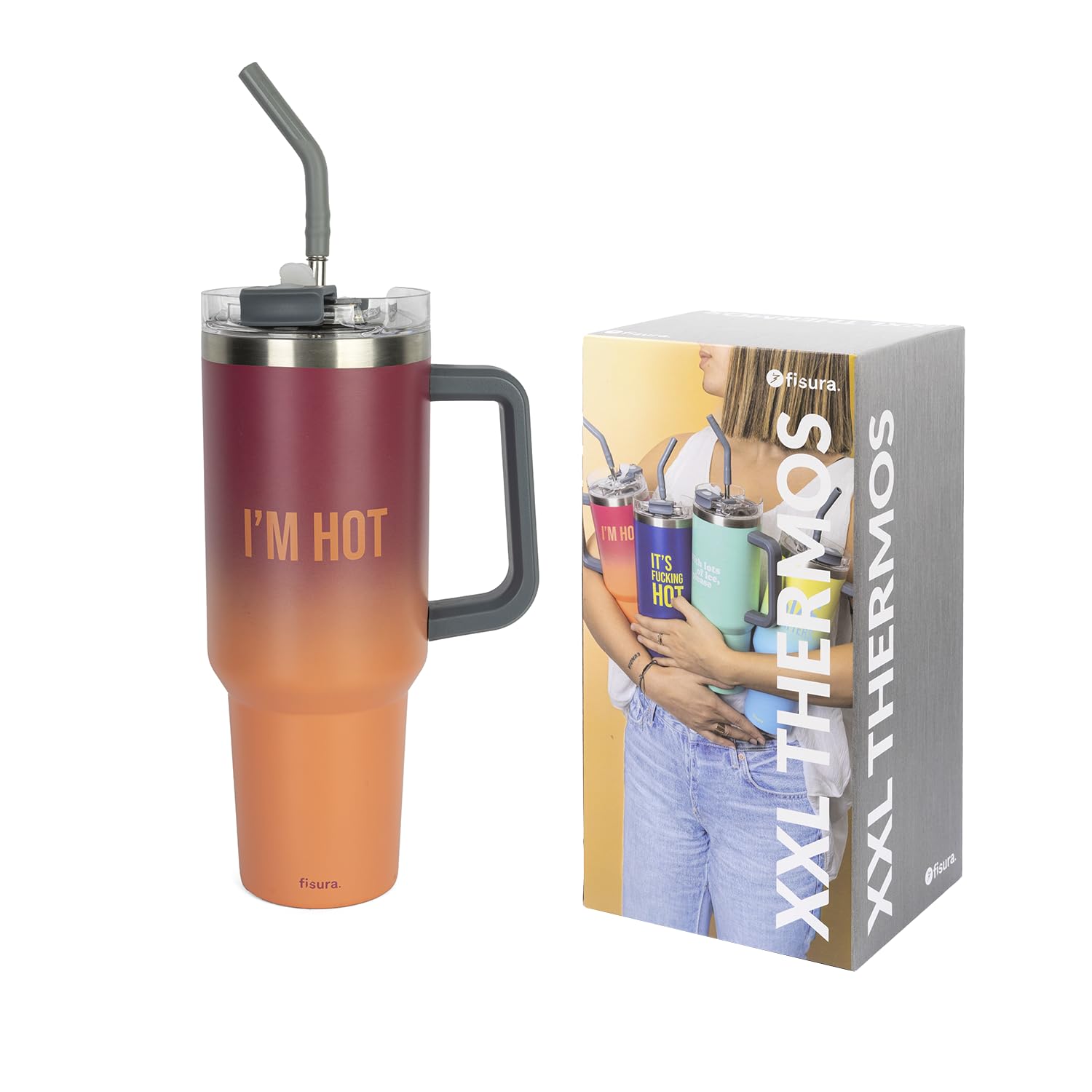 Fisura Insulated Water Bottle 1.2 Litre Large Insulated Bottle Stainless Steel Bottle BPA Free 24 Hours Cold / 12 Hours Hot with Straw Included 10 cm x 27.7 cm (Hot