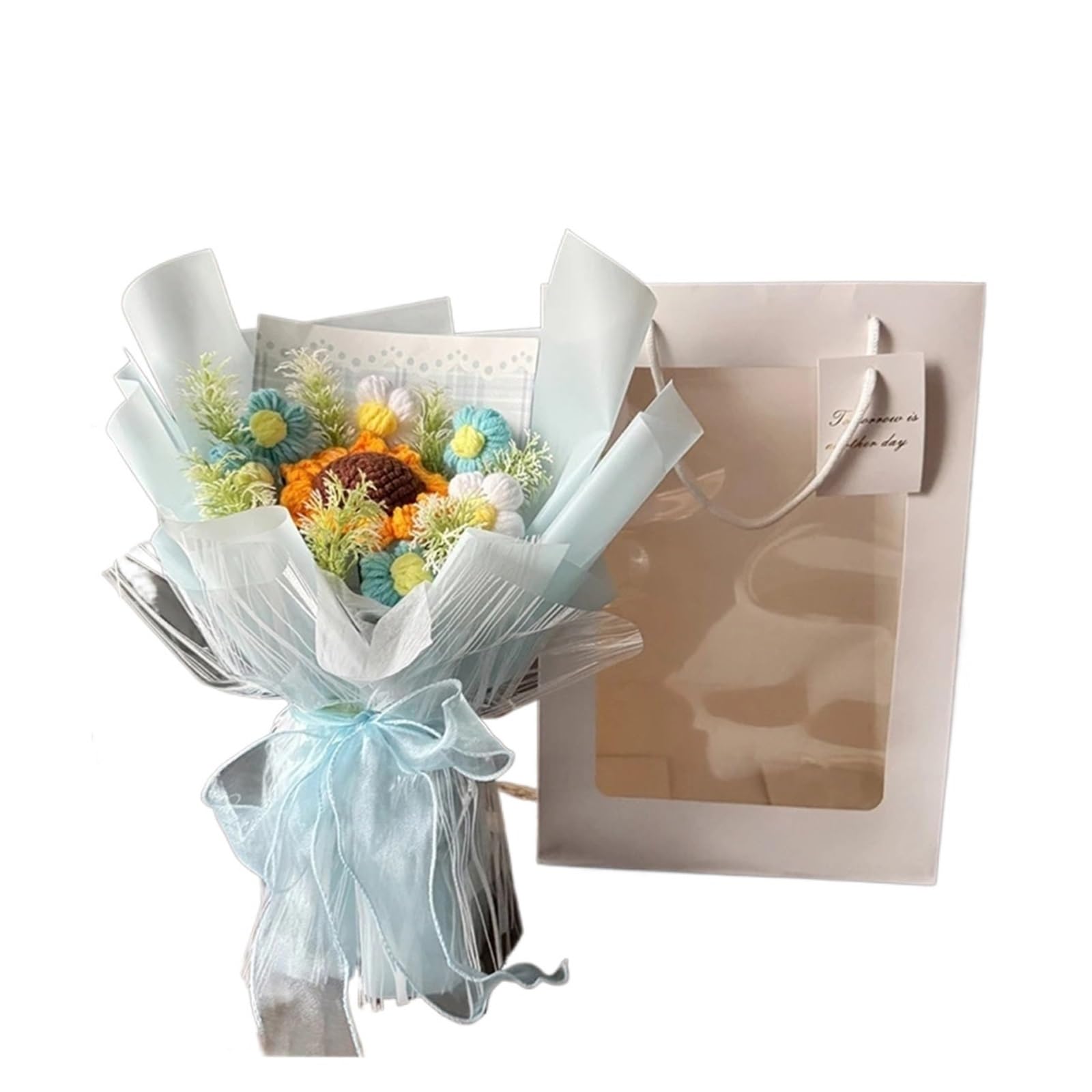 Dazhua Handmade Crochet Flower Bouquet with Gifts Bag, Eternal Floral Gifts for Valentine’s Day, Mother’s Day & Birthdays(Blue-B)