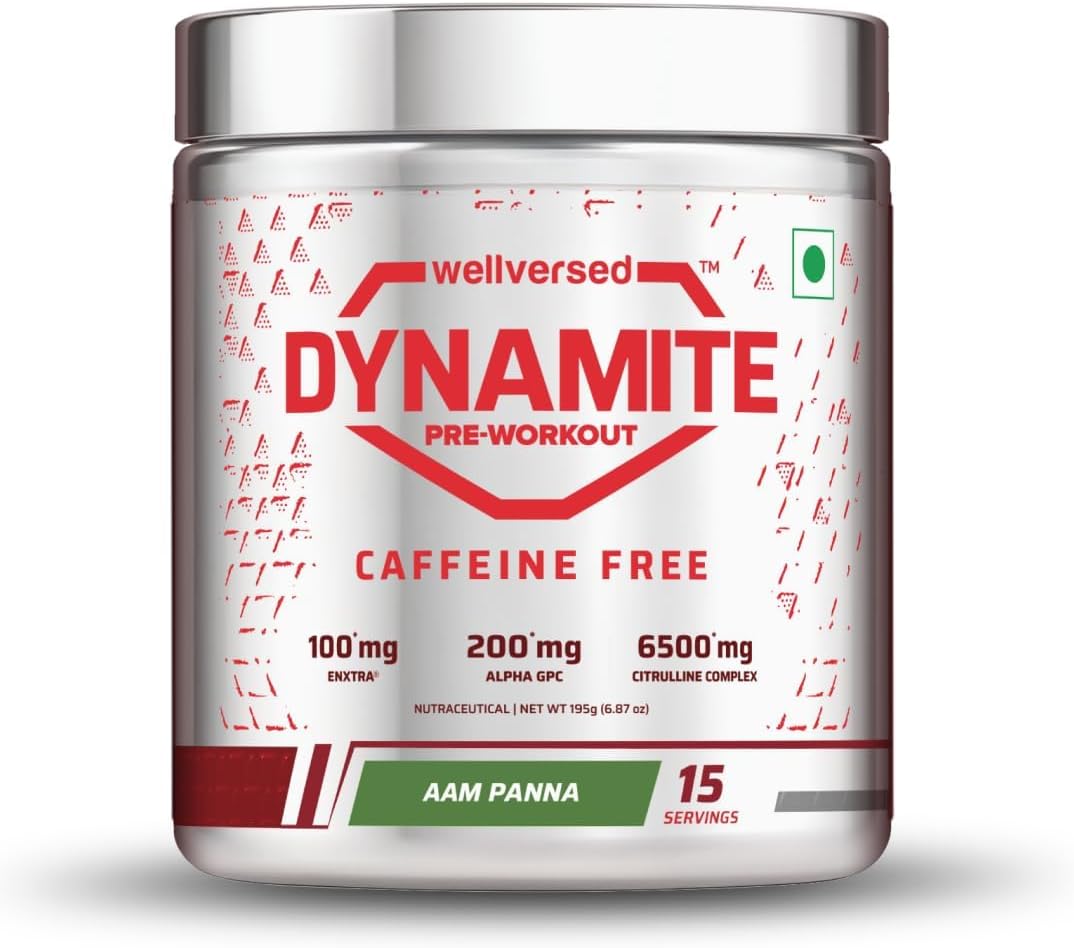 Dynamite Pre-Workout Caffeine Free (195g, 15 Servs) | Aam Panna | 100mg EnXtra® | 6500mg Citrulline Complex | 200mg Alpha GPC | For Late Evening & Night Workouts | Sustained Energy, Pump & Endurance