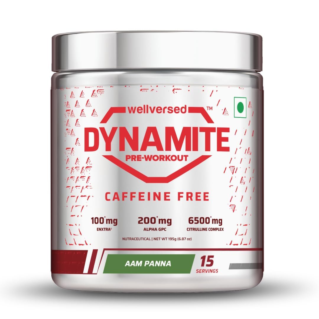 Dynamite Pre-Workout Caffeine Free (195g, 15 Servs) | Aam Panna | 100mg EnXtra® | 6500mg Citrulline Complex | 200mg Alpha GPC | For Late Evening & Night Workouts | Sustained Energy, Pump & Endurance-image-12