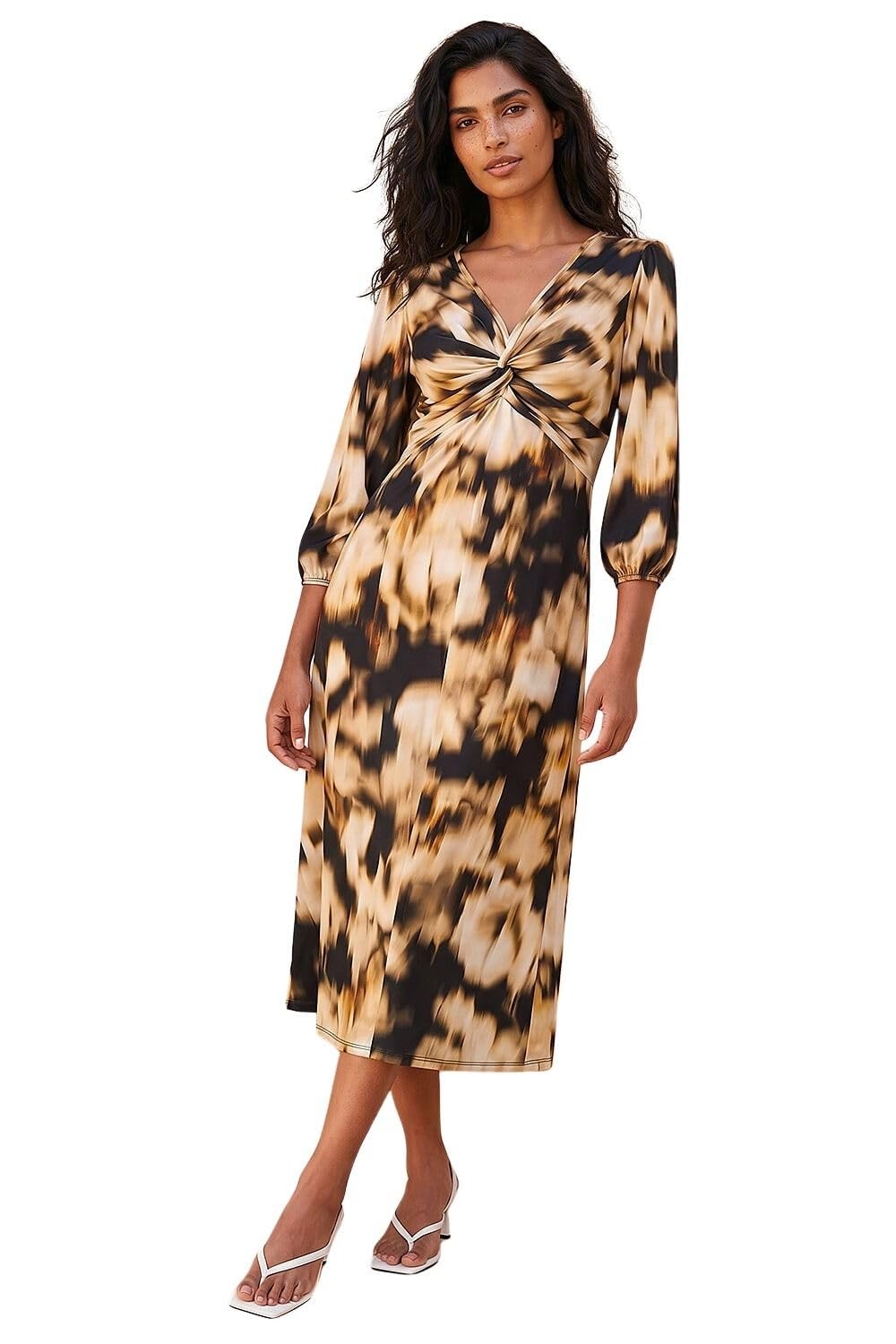 Roman Fit and Flare Dress for Women Ladies Chest Twist Knot Ruched Tea Skater Empire Waist Wedding Guest Smart Casual Swing Midi 3/4 Long Sleeve Knee Length - Tan - Size 14
