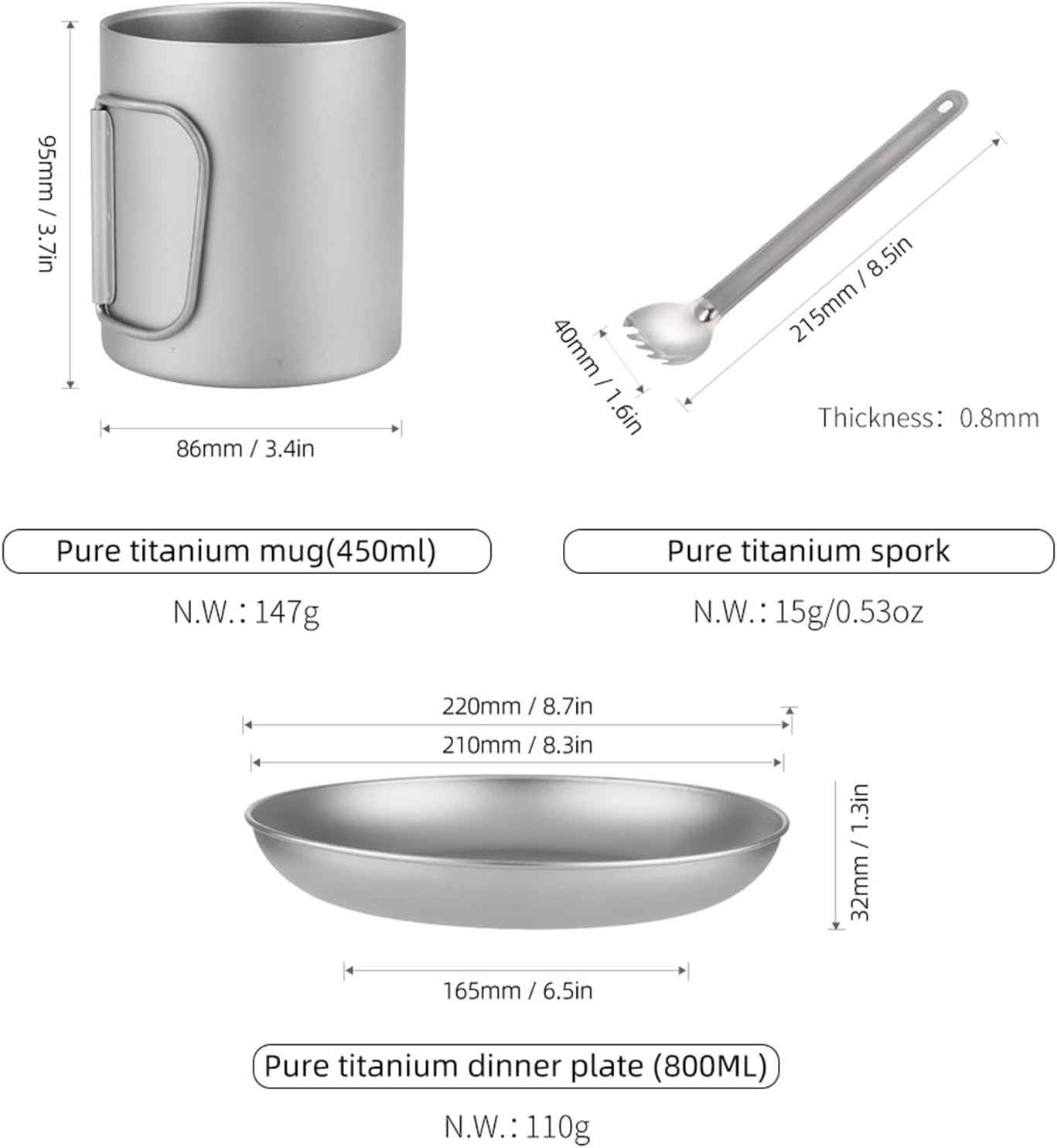Dinnerware Set, 3 Pieces Camping Mess Kit, Dinner Plate, Spork, Cup, for Backpacking, Camping, Hiking, and Picnics
