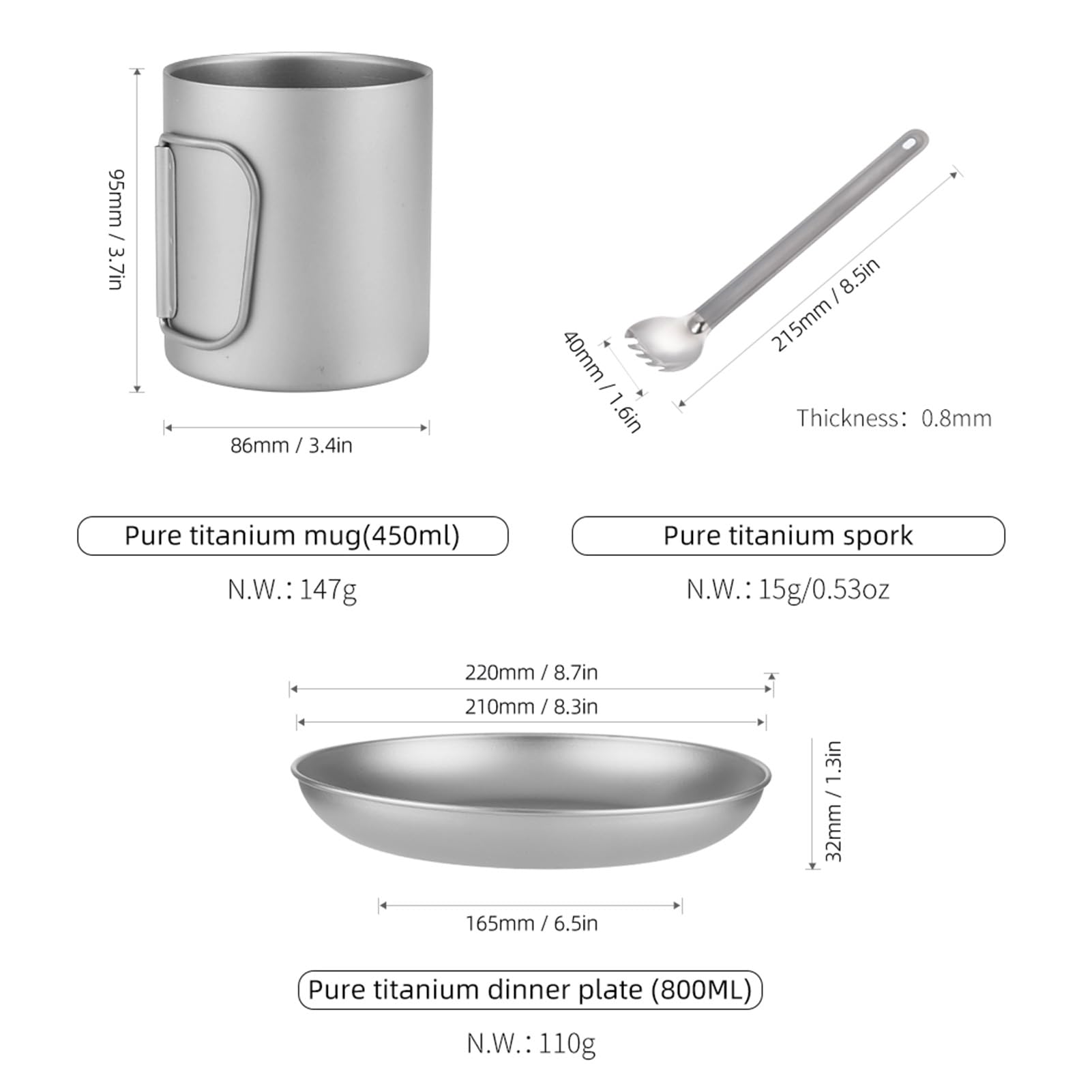 Titaniums Camping Utensilienset, Outdoor Essgeschirrset mit 3 Teiligem Geschirr Becher Essteller Spork für Rucksacktouren, Wanderungen, Picknicks