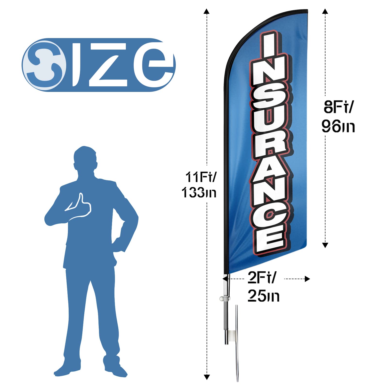 Bandera de seguro, banderas de seguro con kit de poste de 11 pies, bandera de seguro con juego de poste para negocios, bandera de plumas publicitarias para negocios de seguros, azul