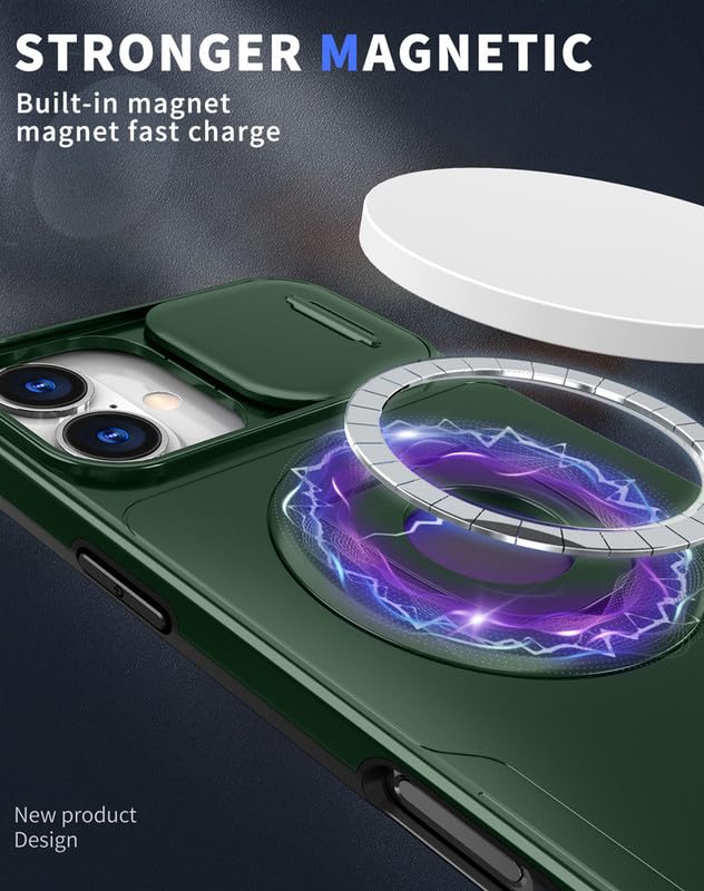 Image of LuxuryKase MagSafe Shockproof Rugged Back Case for iPhone 16 Plus | Finger Ring Kickstand & Sliding Camera Cover | Military Drop Protection | Wireless Charging Support - Dark Green