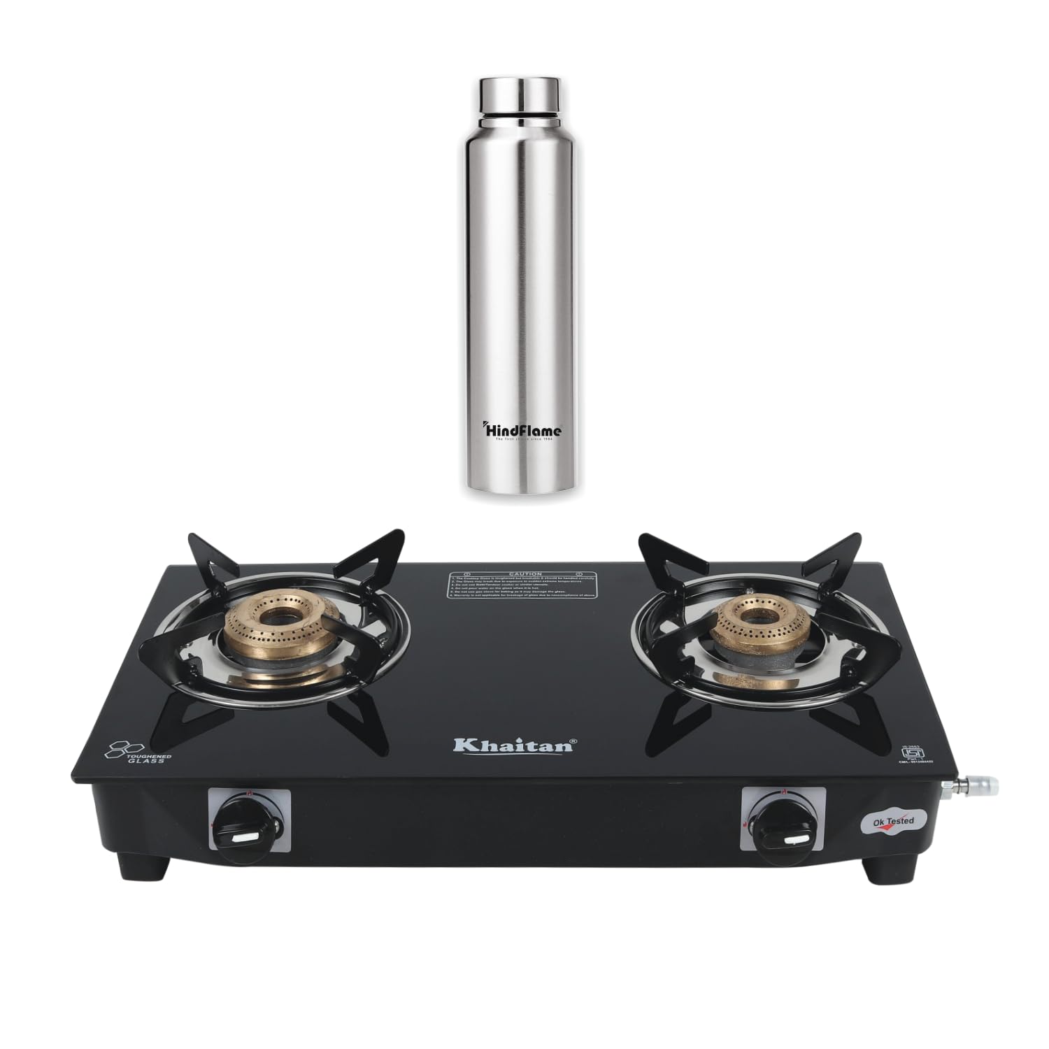 Khaitan Combo - 1 unit Khaitan 2 Burner Nano Premium Black Toughened Glass Gas Stove + 1 unit HF 1000 ml Stainless Steel Bottle (2B Nano & Bottle Combo)