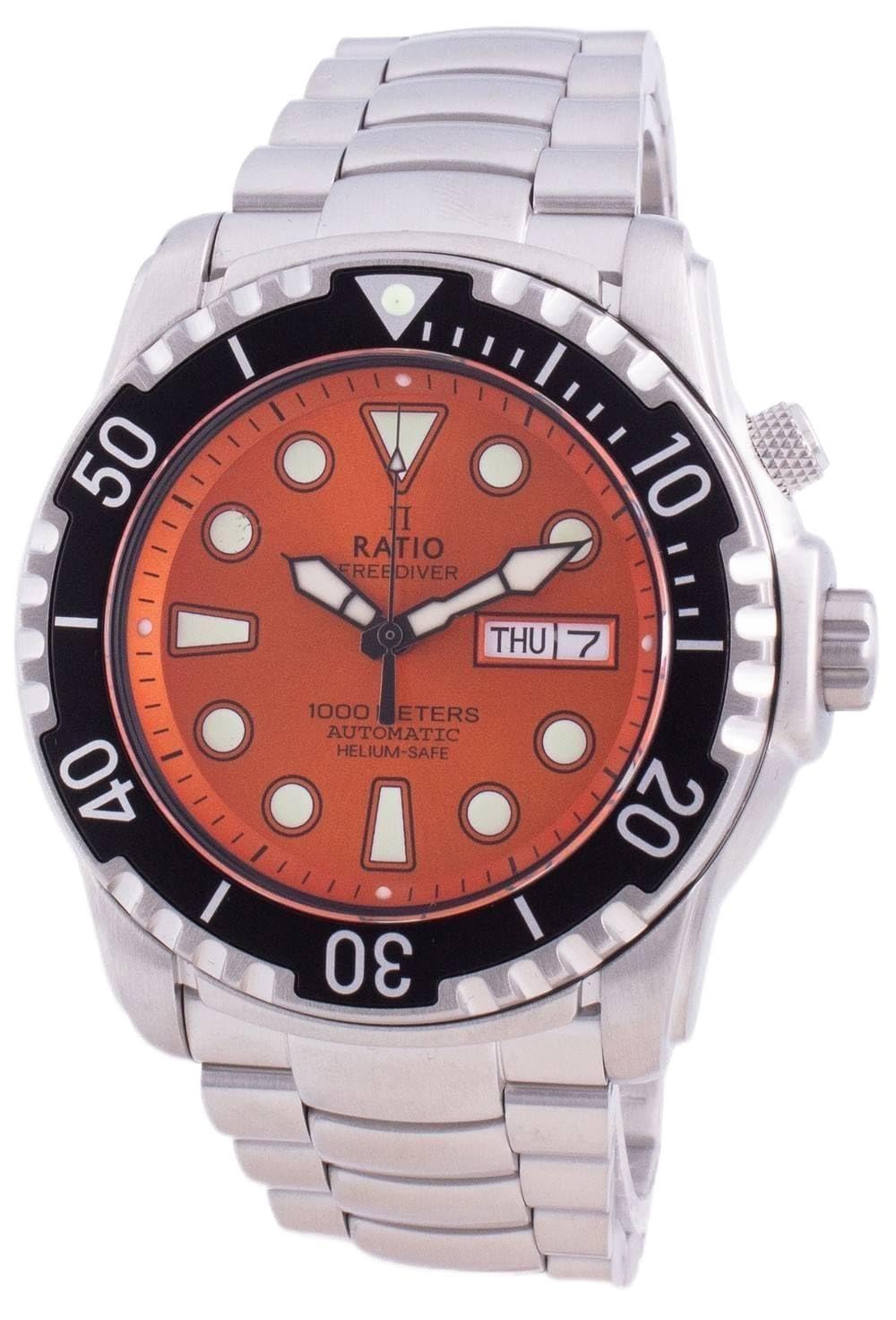 RATIOFreeDiver Helium-Safe Dive Watch Sapphire Crystal Analog Japanese Automatic Diver Watch 1000M Water Resistant Diving Watch for Men (Orange)