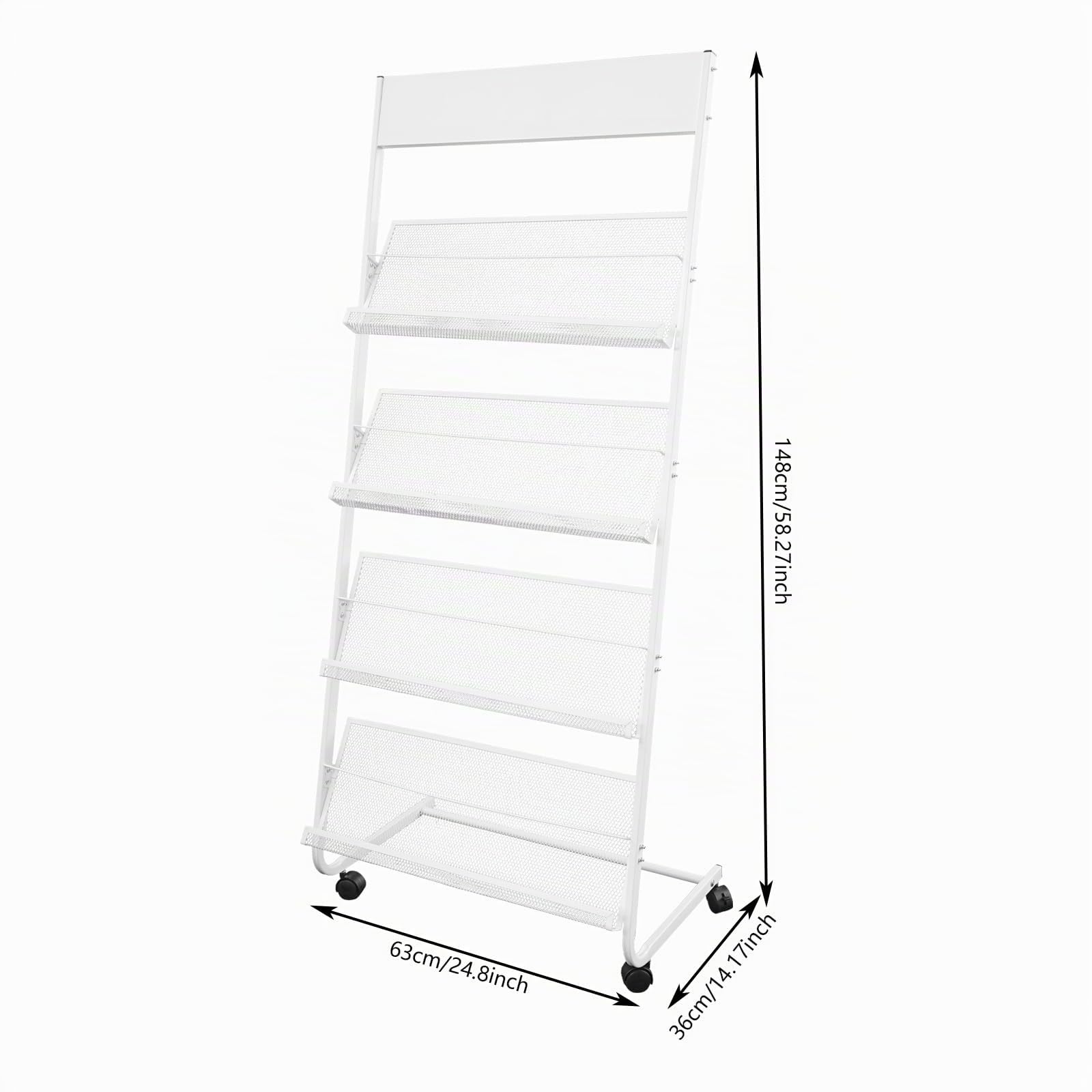 Revistero de pie de 4 niveles para revistas móviles con 4 ruedas, cada nivel 6 kg,Revistero con ruedas para oficina Tienda minorista (blanco)