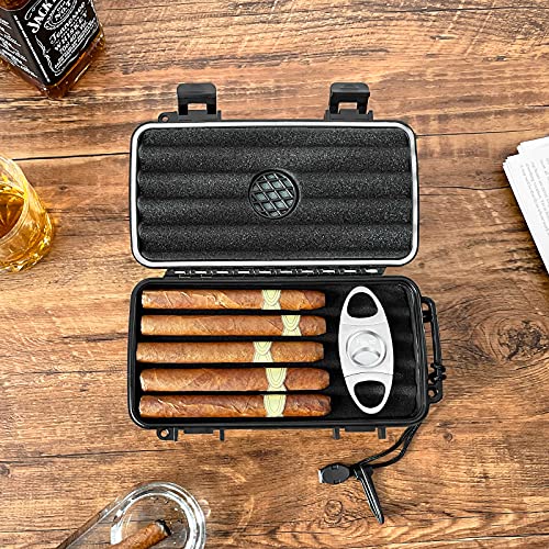 Flauno Travel Cigar Humidor Case - Portable Cigar Box With Humidifier Disc & Cigar Cutter | Waterproof | Airtight | Durable (Holds Up To 5 Cigars) #TOP7