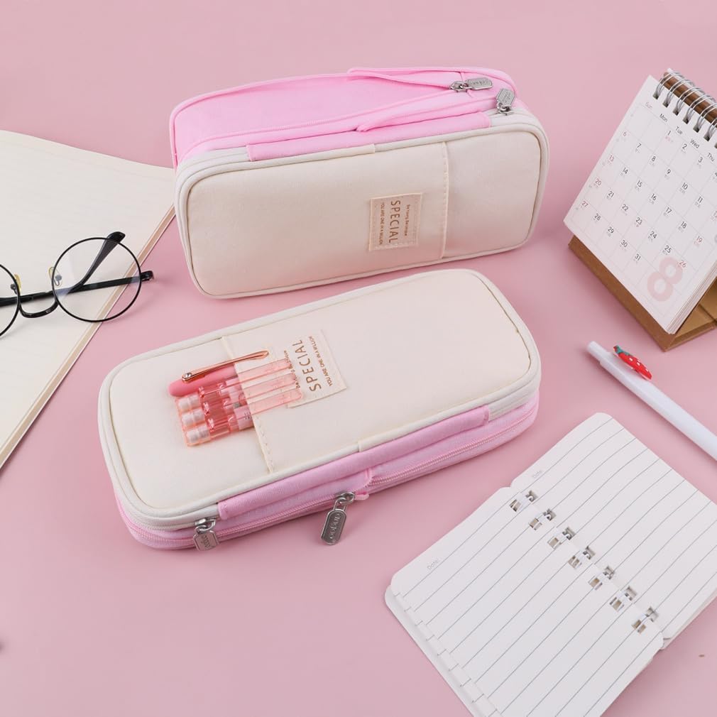 FASTUNBOX (LABEL) Large Capacity Pencil Case – Canvas Expandable 4-Compartment Organizer, Travel Makeup & Stationery Pouch with Zippered Base, Holds 50-60 Pens – Durable Gift Bag (Pink - Beige) 1