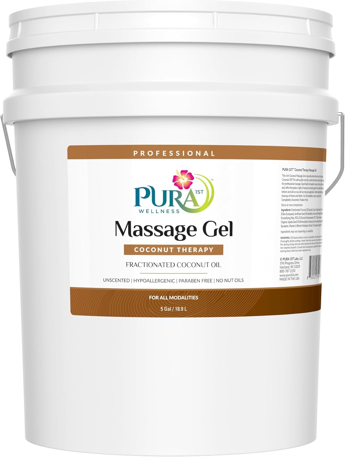 Coconut Therapy 5 Gallon Massage Gel, Coconut Oil, Professional, Massage Therapy, Deep Tissue, Unscented, Natural Ingredients, Skin Hydrating, Moisturizing, Muscle Relief, for Bruising