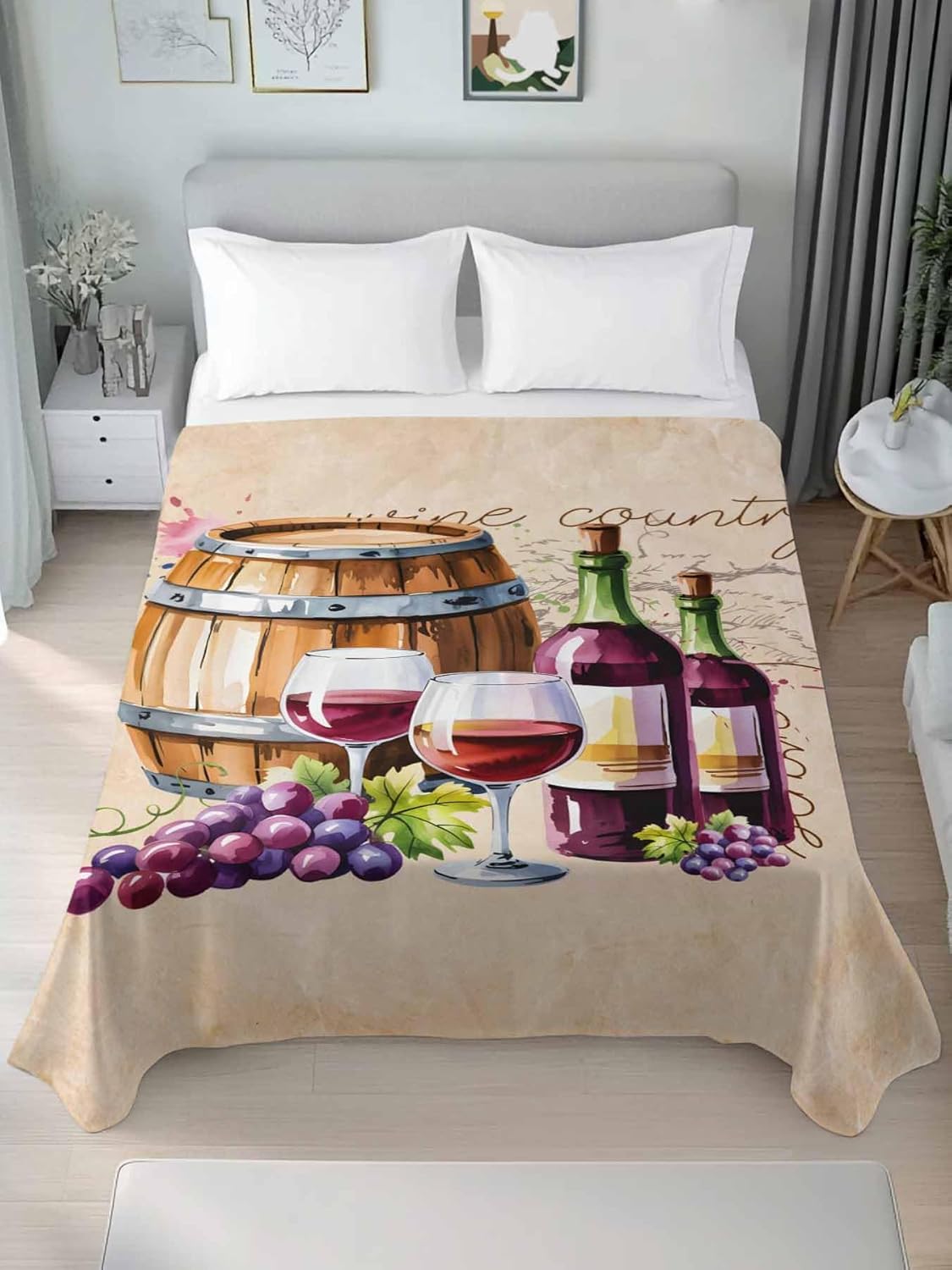 Top Sheet Full Bedding Flat Sheet Only, Farm Grape Wine Barrel Microfiber Bed Sheets Soft Breathable Bedding Flat Sheets, Country Farmhouse Hotel Luxury Top Sheets