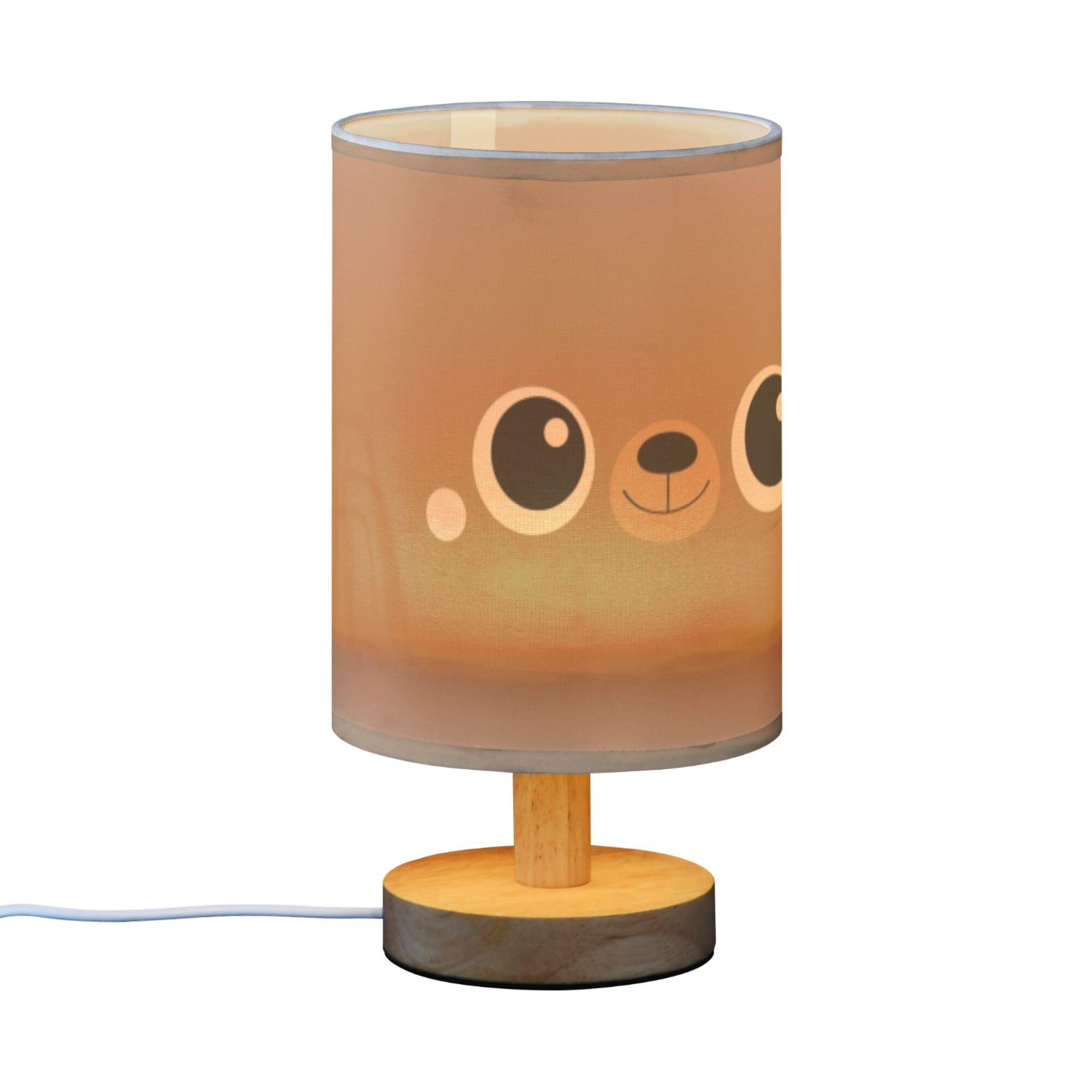 YYZZH Table Lamp Cute Bear Face Cartoon Character Scandinavian Style Nightstand Lamp with Wood Base Fabric Lamp Shade Bedside Desk Lamp for Living Room Bedroom Kids Room Office