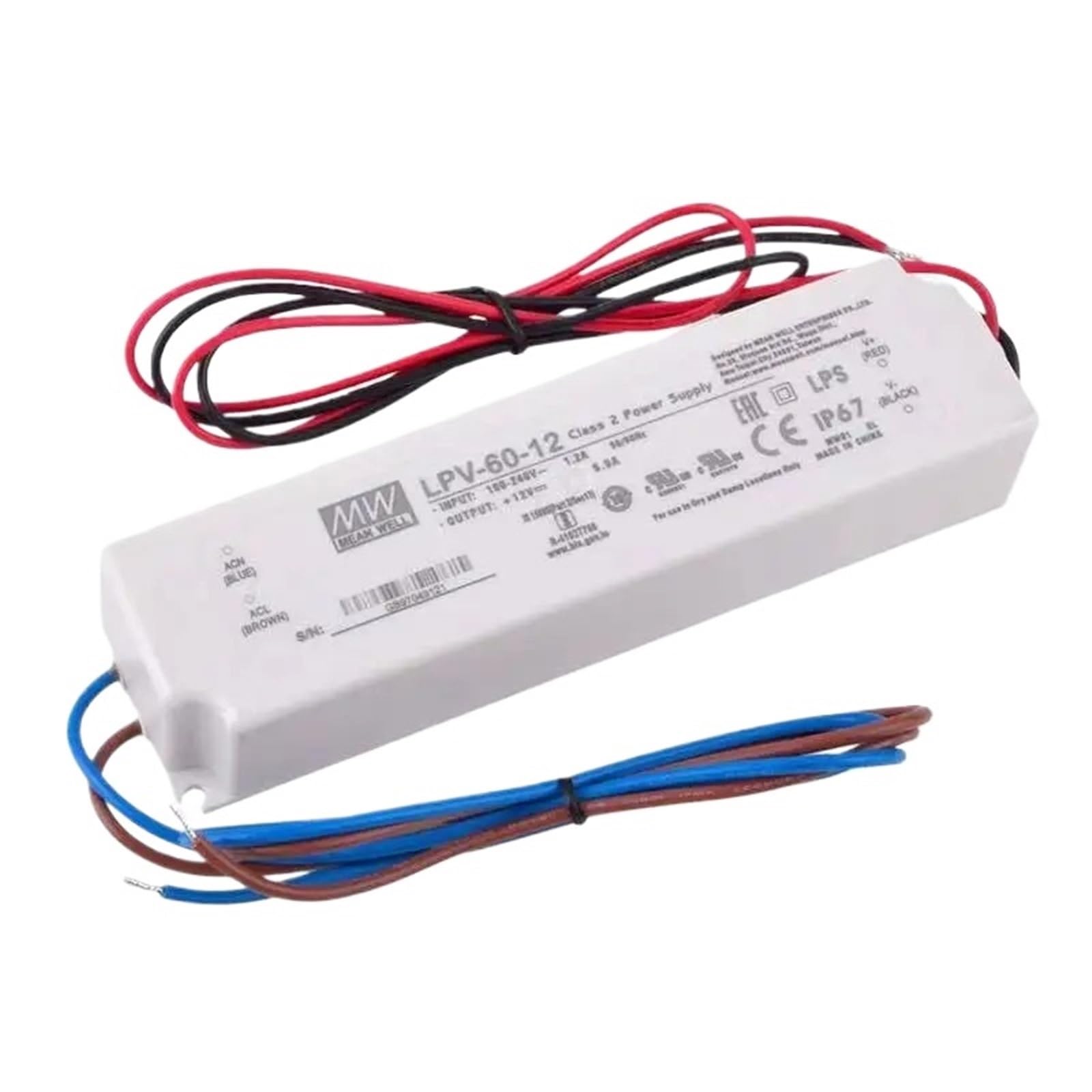 LPV-60-12 12V 5A 60W Single Output Switching Power Supply Fully Encapsulated With IP67 Waterproof Constant Voltage