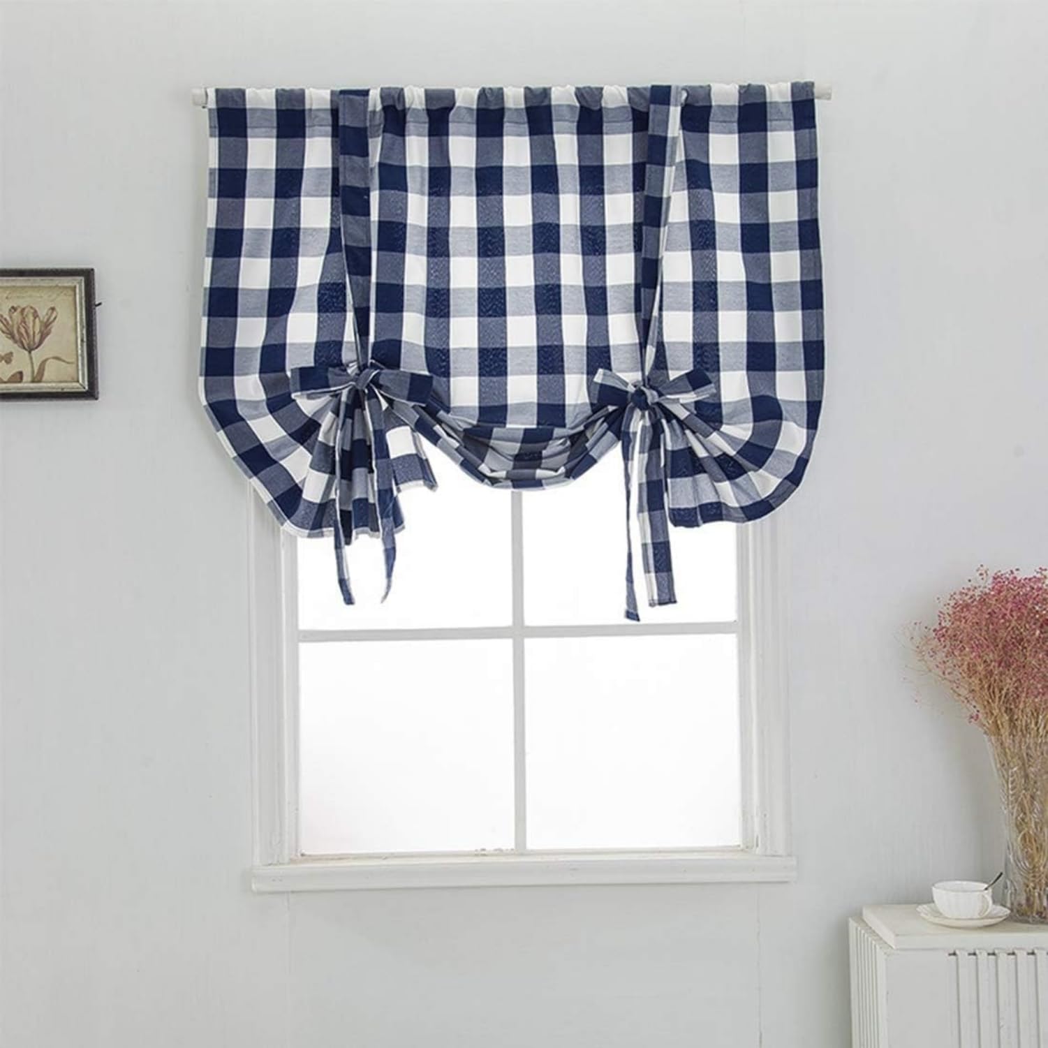 Easnea Navy Blue Buffalo Plaid Tie Up Curtains Farmhouse Curtain Valance Kitchen Window Curtain Shade Gingham Roman Shades Rod Pocket Balloon Kitchen Curtain Panels For Bathroom (, M)