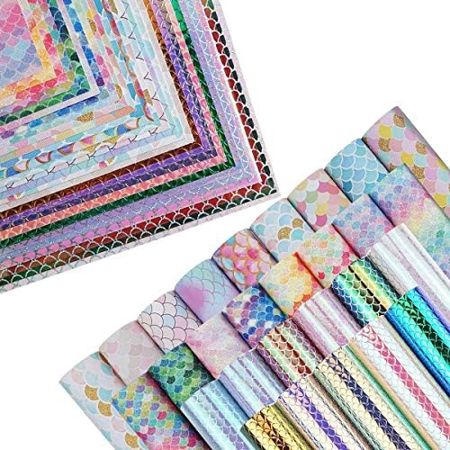 28 Pieces 8x6 Inch Mermaid Scales Faux Leather Sheets for Leather Bows and Earrings Making Include 4 Kinds Mermaid Scales Leather Sheets