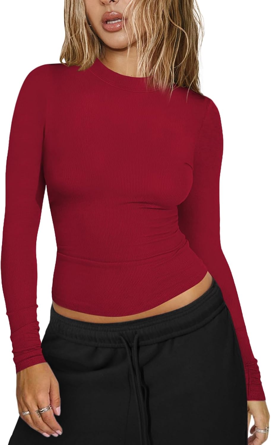Womens Ribbed Long Sleeve T Shirts Crew Neck Fall Basic Tight Tops Fitted Casual Going Out Workout Cotton Fall Tops