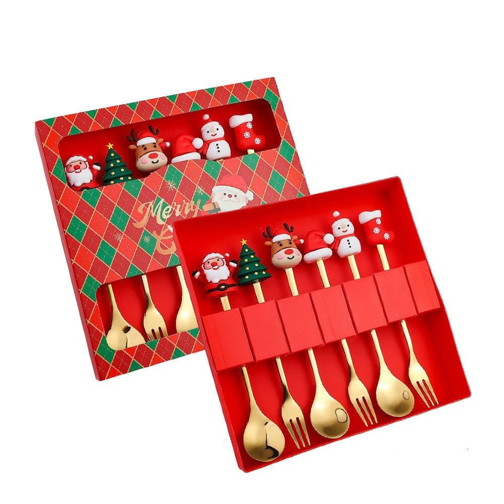 CTRLZS 6Pcs Christmas Fork and Spoon Set,Stainless Steel Tableware,Coffee Tea Dessert Forks and Spoons Set