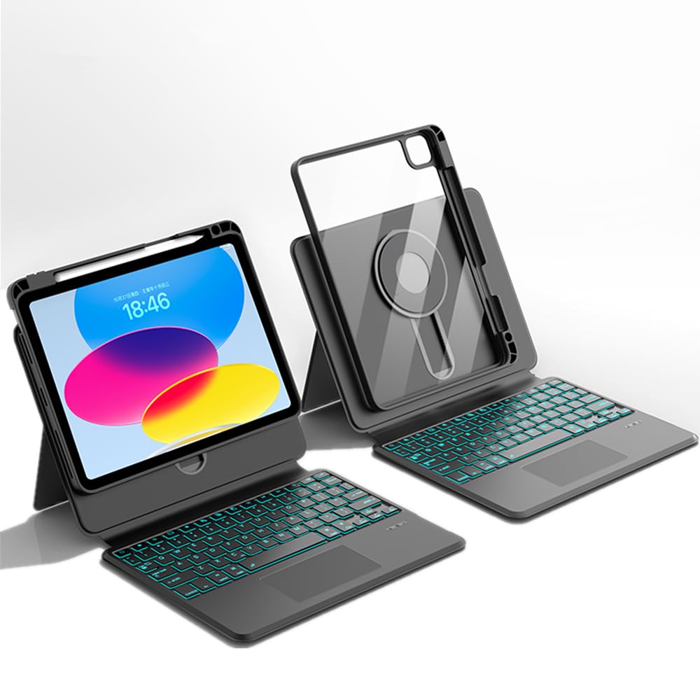 昇降式 2025 iPad A16 第11世代 用キーボード ケース 高さ調節 バックライト付き iPad 10 第10世代多機能 Bluetoothキーボード タッチパッド 縦置き 横置き マグネットス吸着 分離式 透明背面カバー 全方向に回転可能 Apple Pencil 収納,ブラック