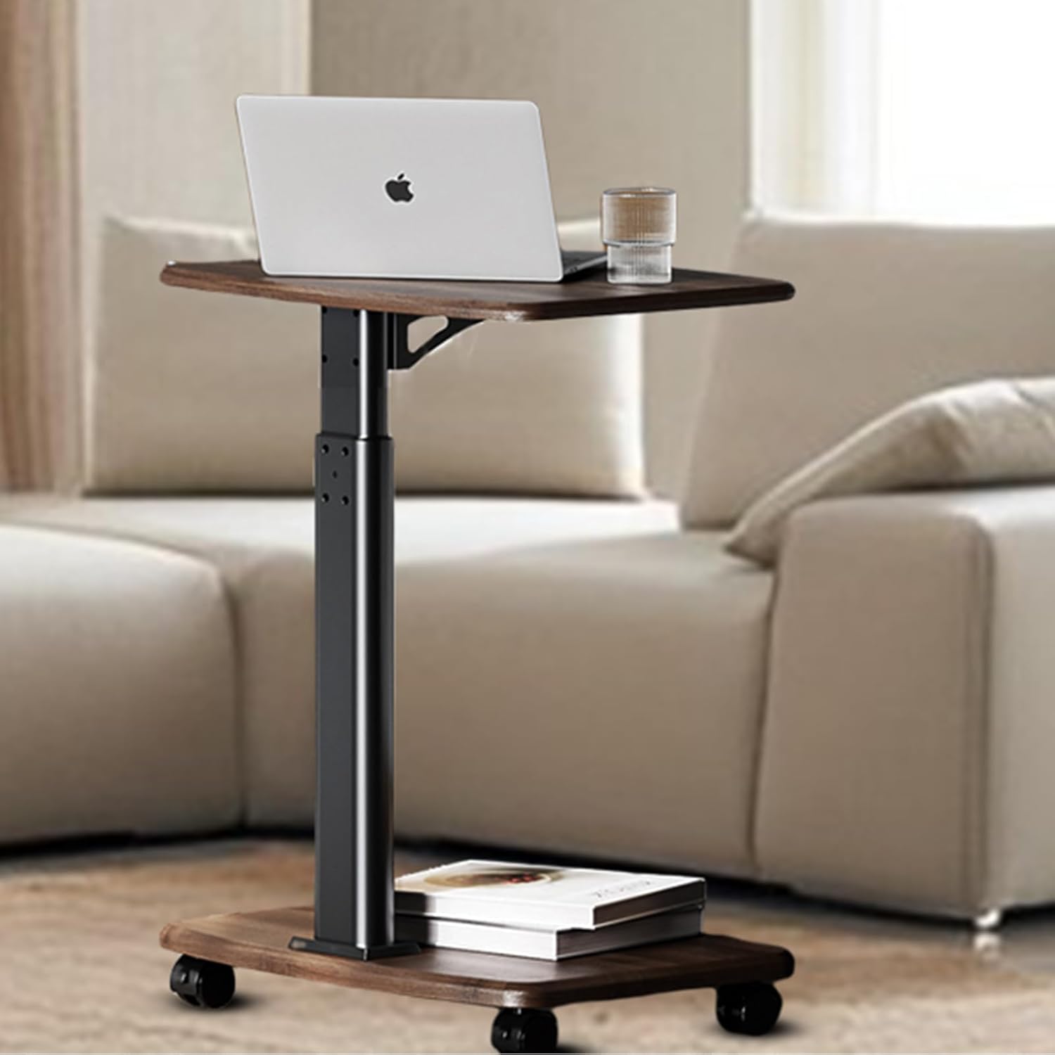 C Table End Table,Small Side Table with Wheels,C Shaped End Table for Couch,Tray Table&C Table for Sofa with 2 Tier Storage,Adjustable C Shaped Side Table for Living Room&Bedroom&Office-Walnut