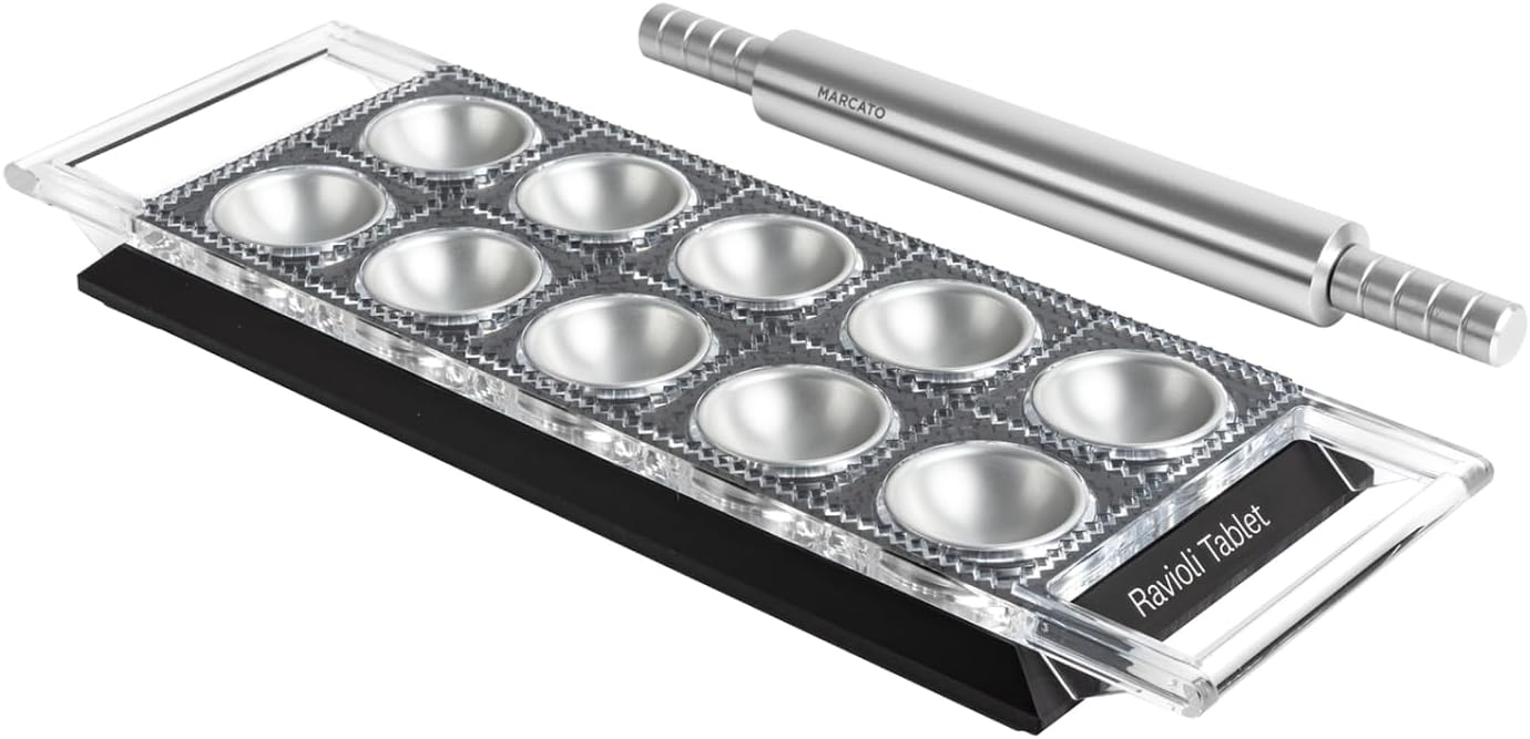 Marcato Ravioli Maker Press, Ravioli Machine, Homemade Ravioli Cutter, 50 mm Square Cut, Aluminum Rolling Pin Included, Made in Italy. Model: Ravioli Tablet, Black