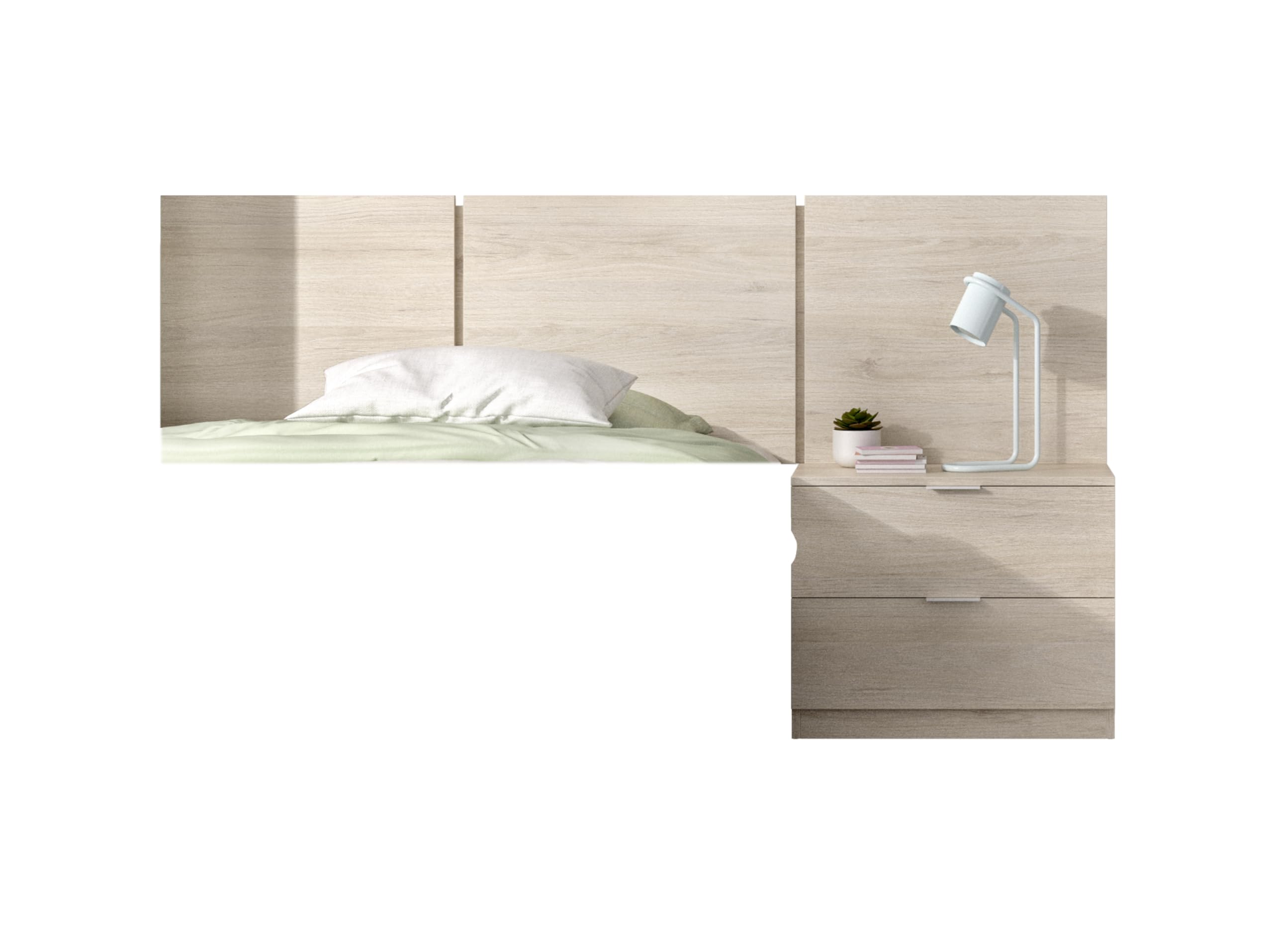 DEKIT GRUPO RIMOBEL BITO - Cabecero de tres plafones con mesita de dos cajones - Natural - 96 x 157 x 34.2