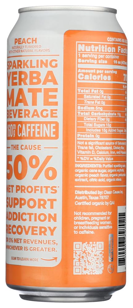 Clean Cause Yerba Mate Energy Drink, Peach, 16 oz