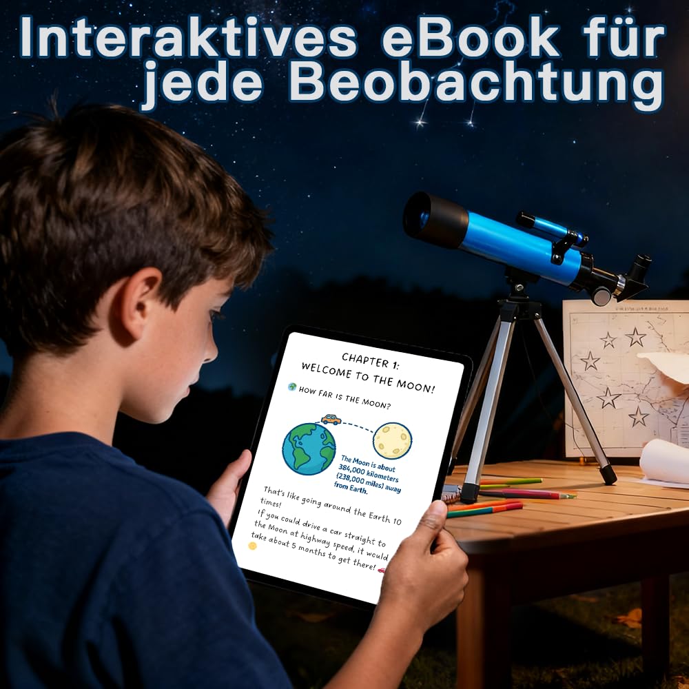 Teleskop für Kinder 8–12 Jahre, astronomisches Kinder-Teleskop mit Stativ, Anfänger-Teleskop 50 mm Öffnung, Mond, Vogelbeobachtung, pädagogisches Geschenk für Jungen und Mädchen, Alter 6–12